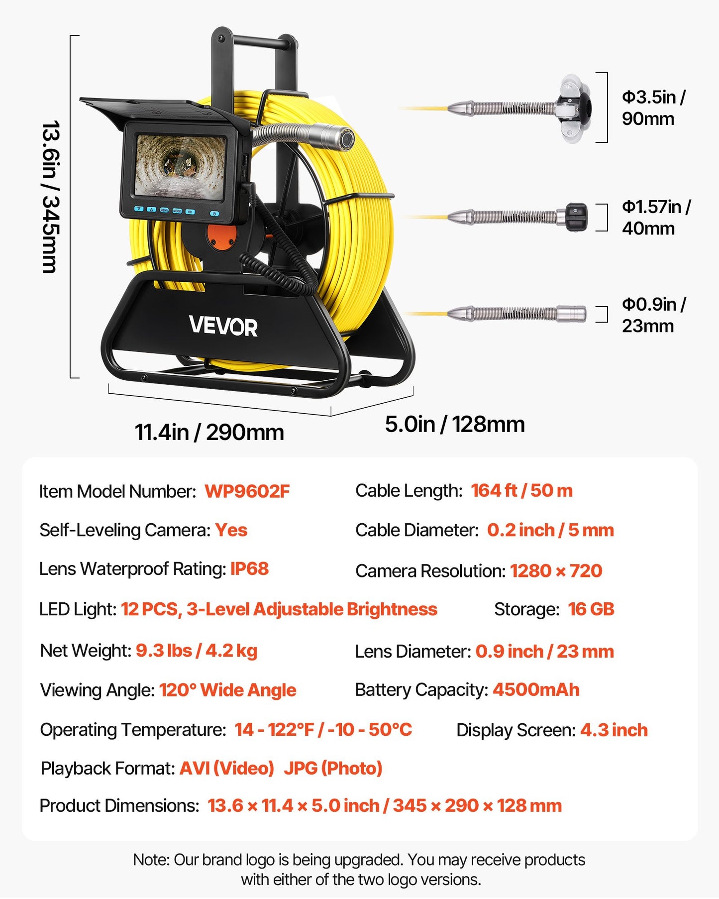 Sewer Camera, 50m, Self-Leveling Drain Inspection Camera with 1080P HD Screen, IP68 Waterproof Snake Plumbing Cameras with Lights - 12 LEDs & 16GB Card for Sewer Line Duct Pipe