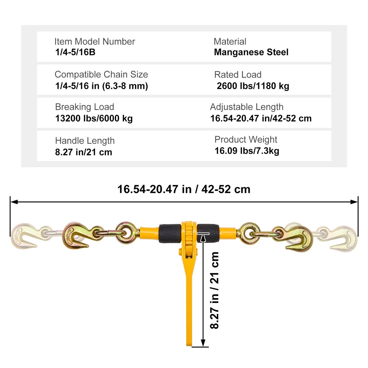 Spärrkedjebindare, 1/4"-5/16", 2600 lbs säker arbetsbelastning, 4-pack lastbindare med 2 gripkrokar, surrningsfästen för transportkedja, kraftiga dragkedjespärrkedjor för flaklastbilar