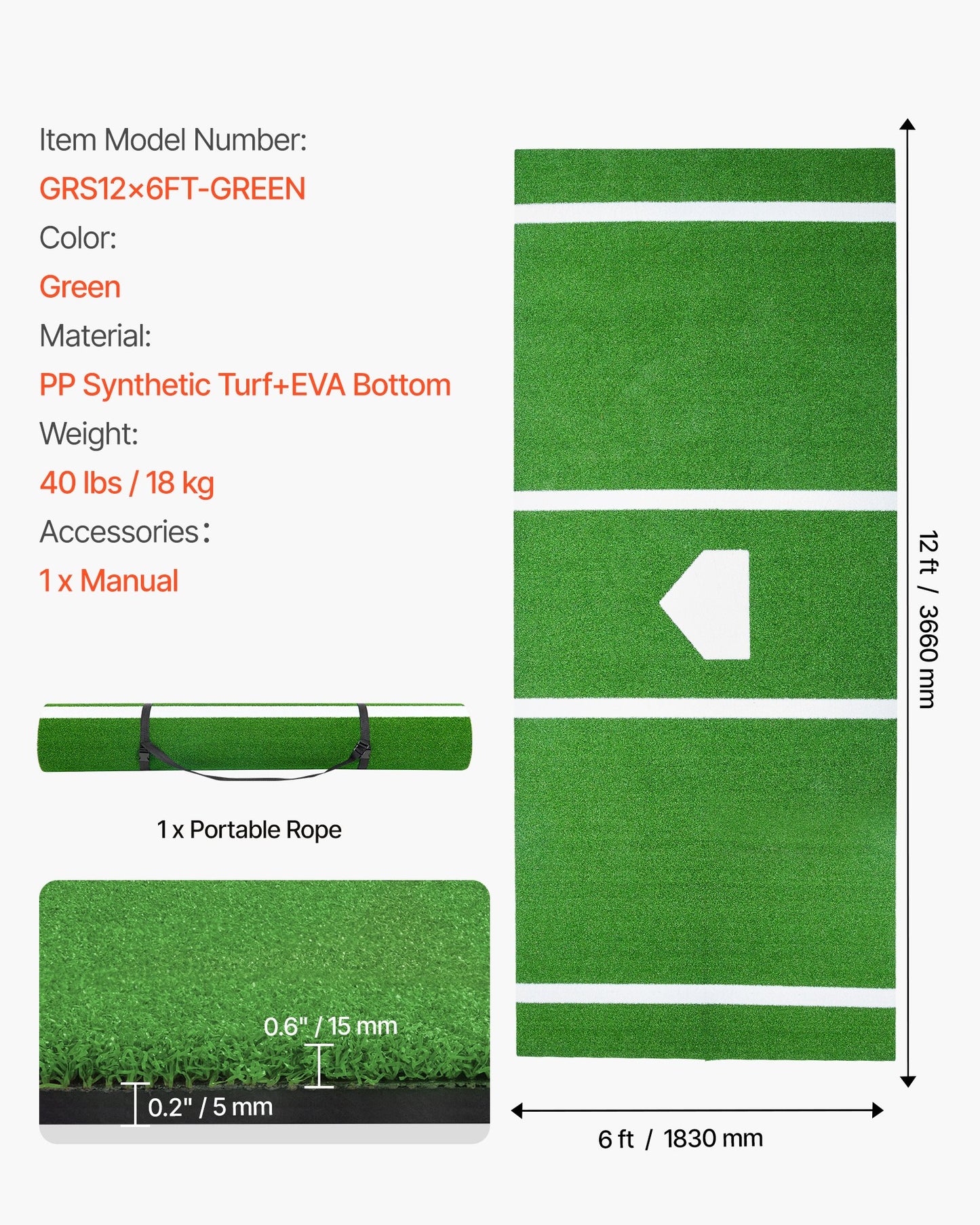 Basebollslagmatta, 366x183 cm slagburmatta, slagboxmattor, softbollslagträningsutrustning med hemmaplatta och anti-blekningsgräs, bärbart träningshjälpmedel för inomhus- och utomhusbruk, grön