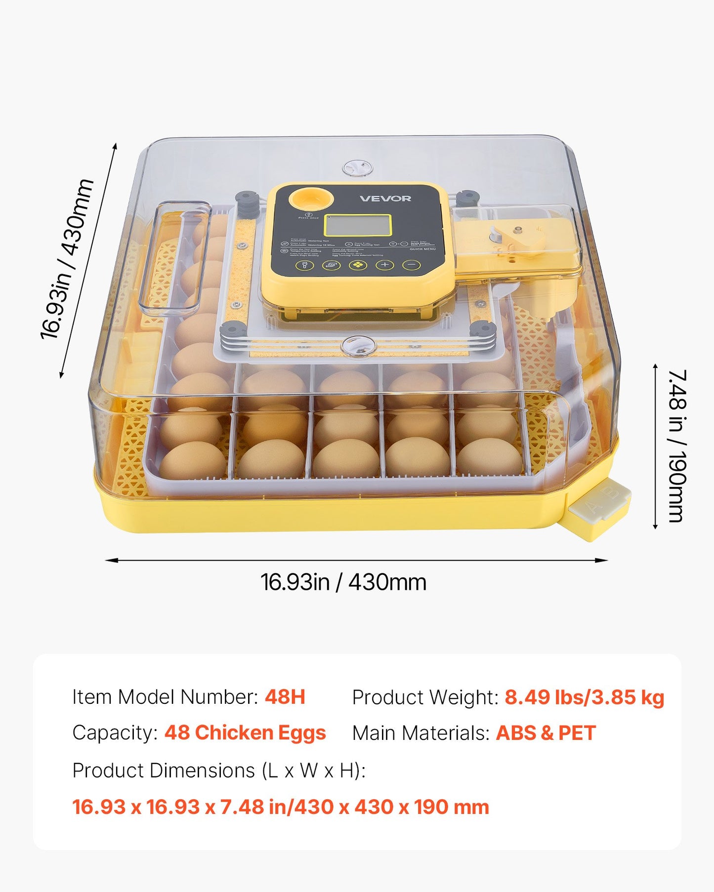 48 Egg Incubator, Automatic Egg Turner with LED Candler, Temperature Display & Auto Humidity Control, 360° View Clear Window, Poultry Eggs Incubator for Hatching Chicks Ducks Goose Quail