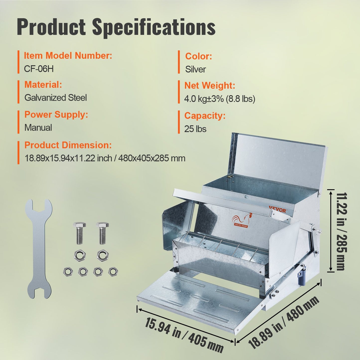 Automatisk kycklingmatare, 11,3 kg kapacitet, matar 10 kycklingar upp till 11 dagar, galvaniserad stålmatare för fjäderfä