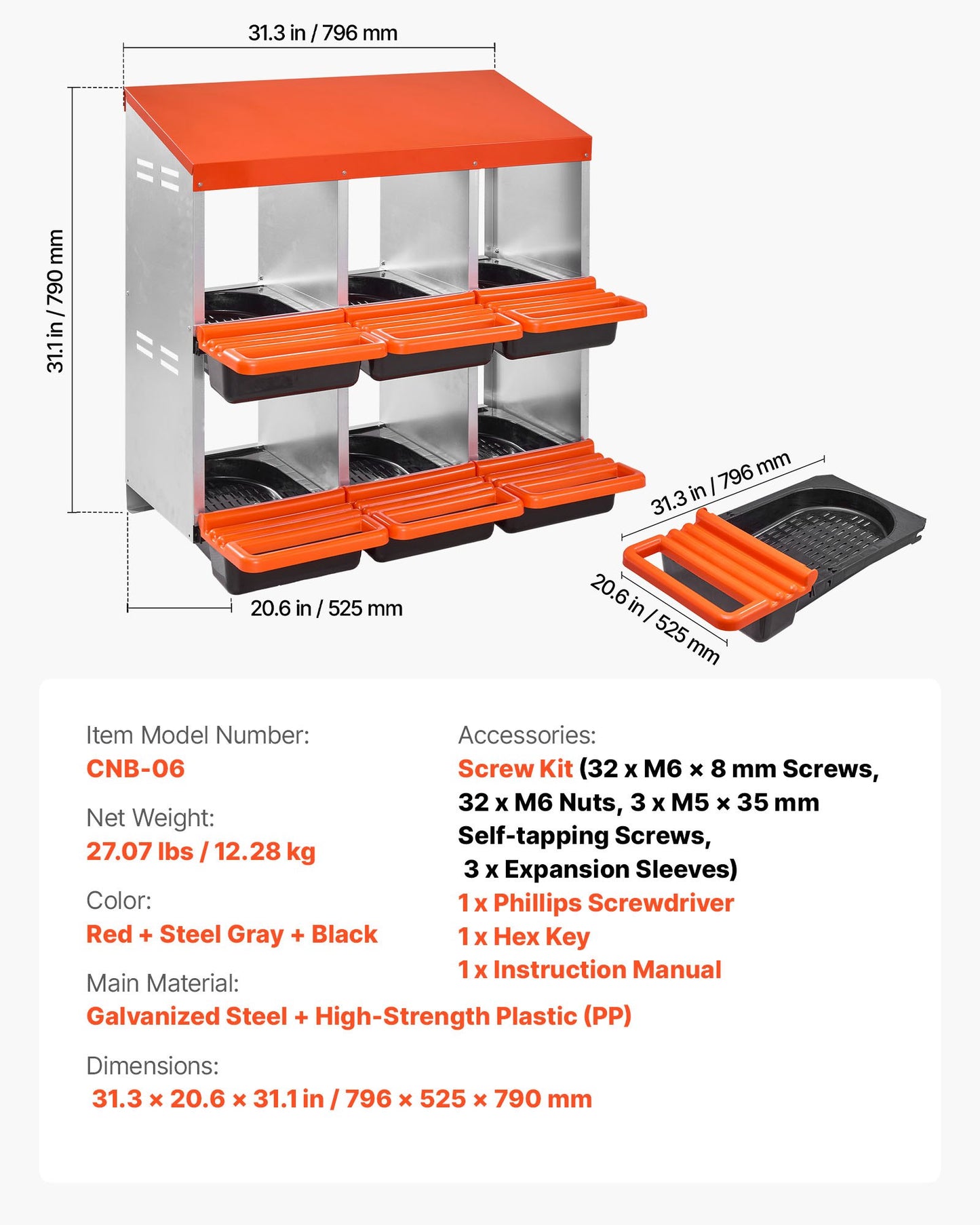 2-våningars hönsholkar, 6 fack, äggläggningslådor i metall med skyddande uppsamlingslock, utrullbar holk, enkel att montera, perfekt för höns, ankor, kycklingar och andra fjäderfän