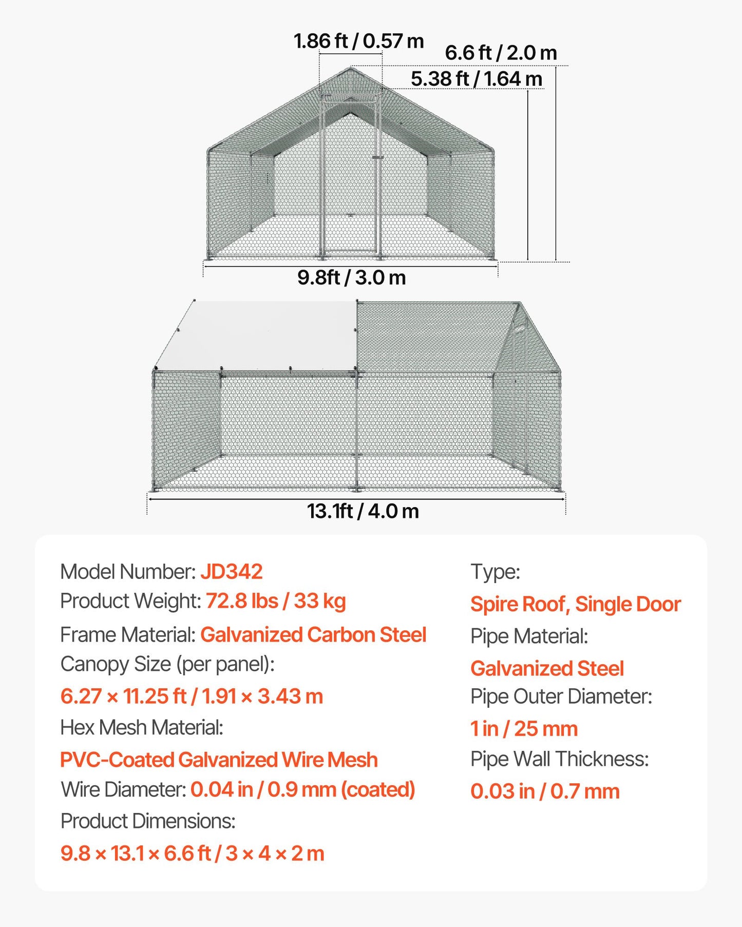 Hönshus i metall, 9,8x13,1x6,5 fot, stora walk-in hönsgårdar med lock, hönshus med spirtak och säkerhetslås, utomhusbur för anka och kanin, fjäderfä för bakgård, gård, trädgård
