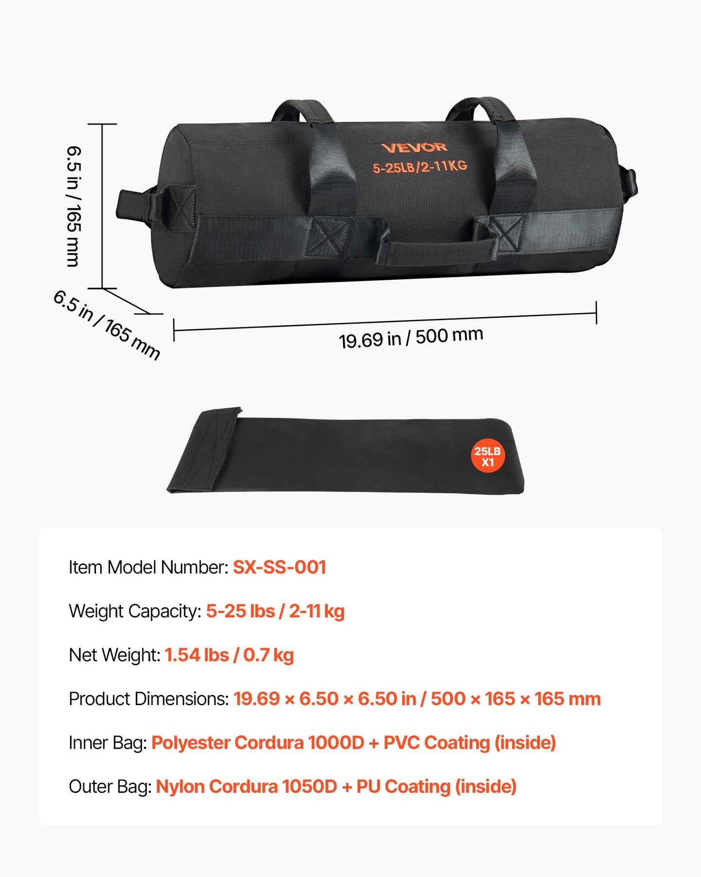 Träningssandsäck, kraftiga träningspåsar med handtag, 2-11 kg justerbar sandsäck för fitnessstyrka, viktträning, crosstraining, hemmagym, svart (ofylld)