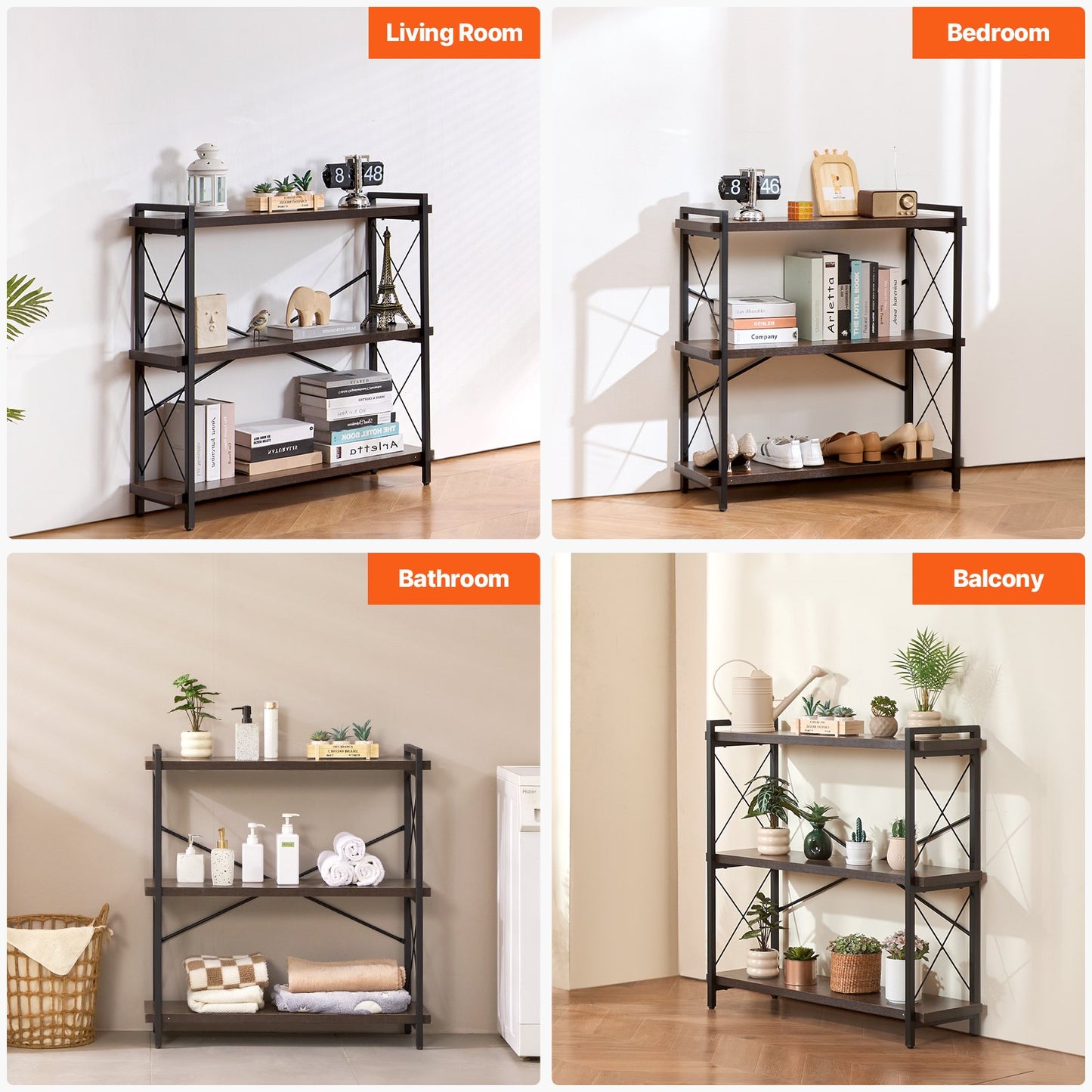 Metallbokhylla, industriell bokhylla med 3 våningar, liten rustik förvaringsdisplay med öppna hyllor, fristående displaybokhylla i vintagestil, för vardagsrum, sovrum och kontor