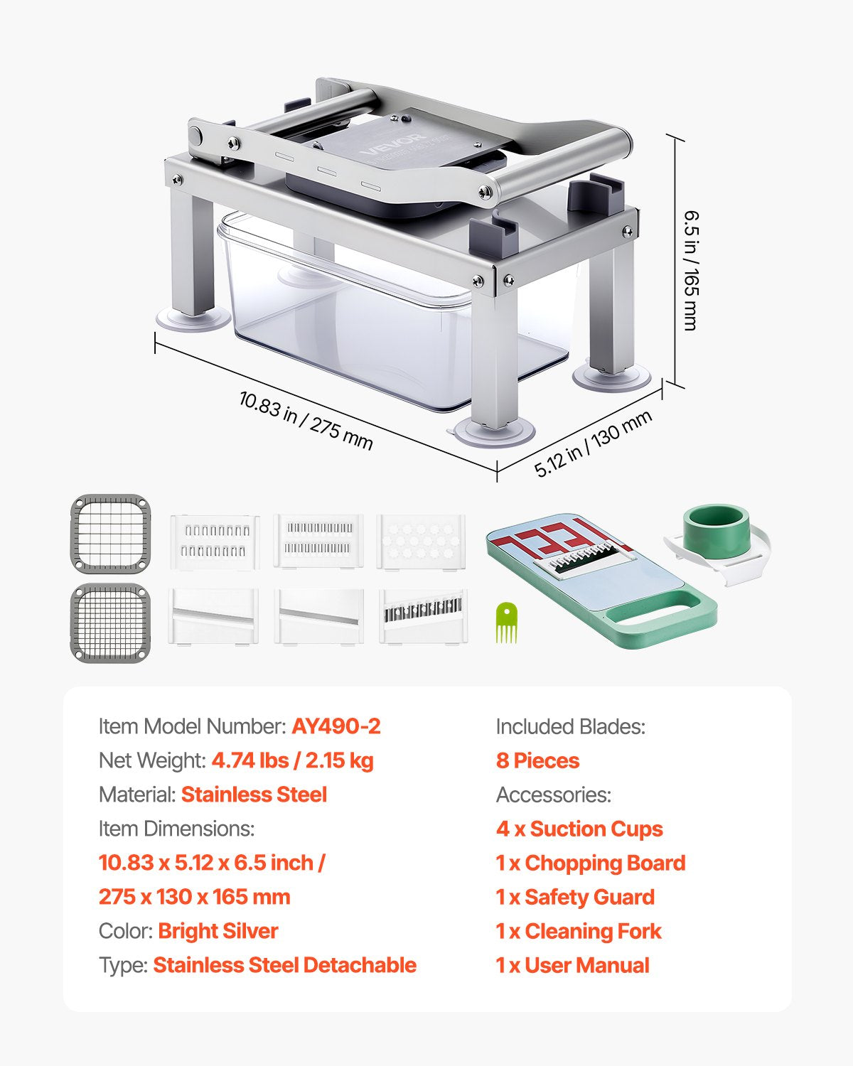 Grönsakshackare Mandolin Skärare, Allt-i-1 Mat Grönsaksskärare med 8 Rostfria Blad, Ostrivjärn Lök Potatis Sallad Tärnare med Behållare, Köksredskap och Essentials Hushållsapparater