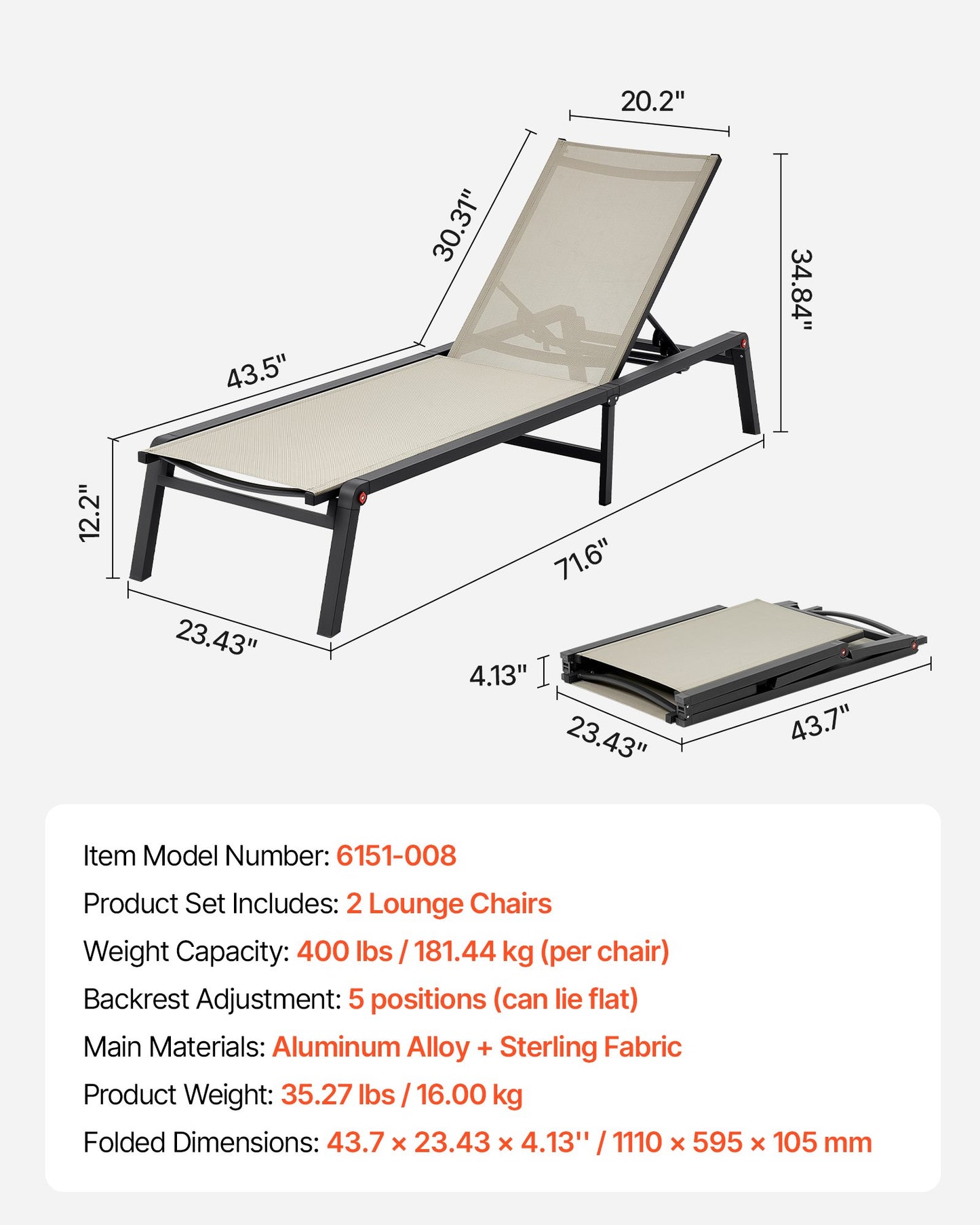 Schäslongstolar för utomhusbruk, set om 2, 181 kg viktkapacitet, hopfällbar solstol, 5 justerbara lägen, enkel montering, poolfåtöljer i aluminium, för strandgård/uteplats
