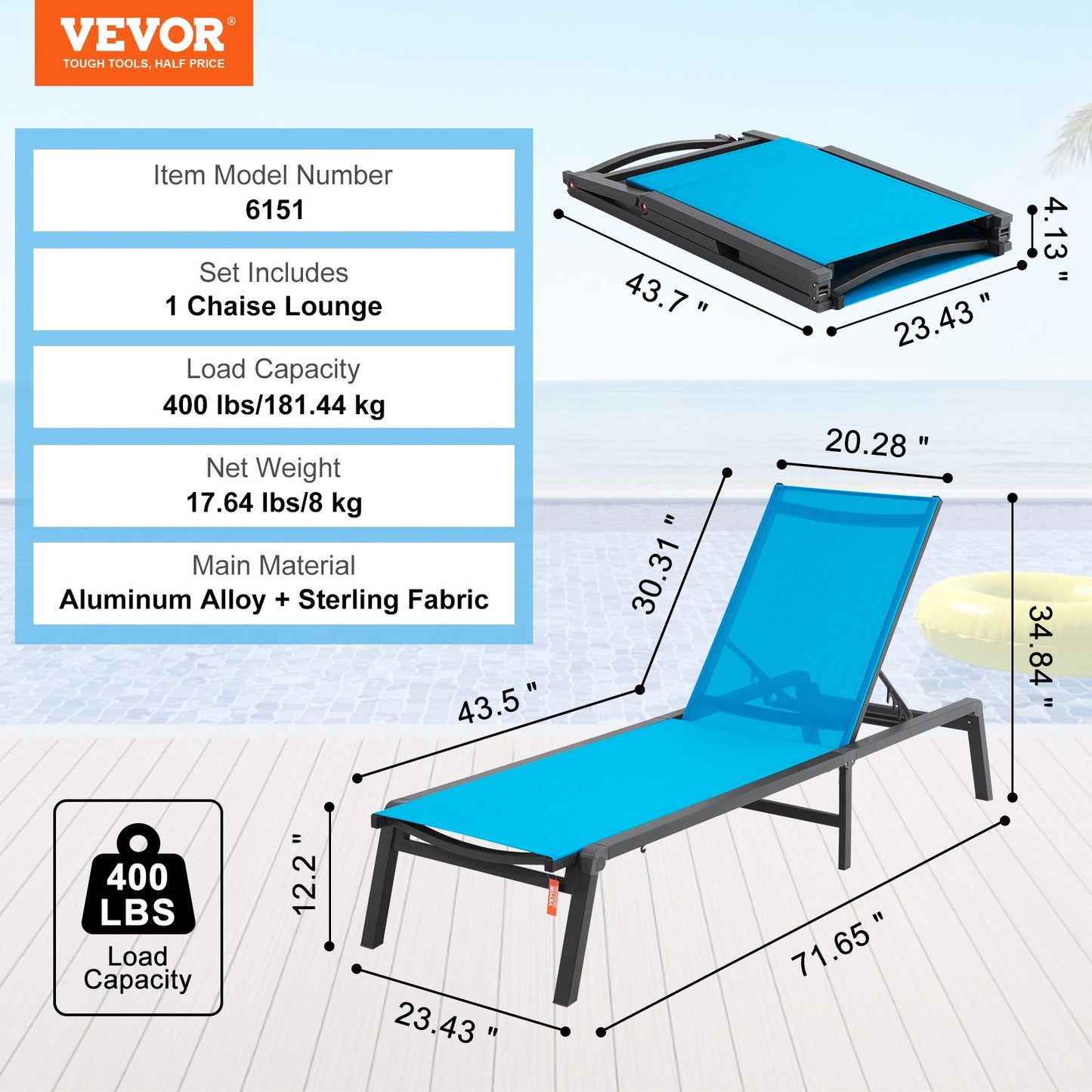 Schäslongstol utomhus, aluminium uteplatsloungestol med justerbar 5-lägen, hopfällbar poolloungestol och helt platt solariumstol för uteplats, strand, pool, blå