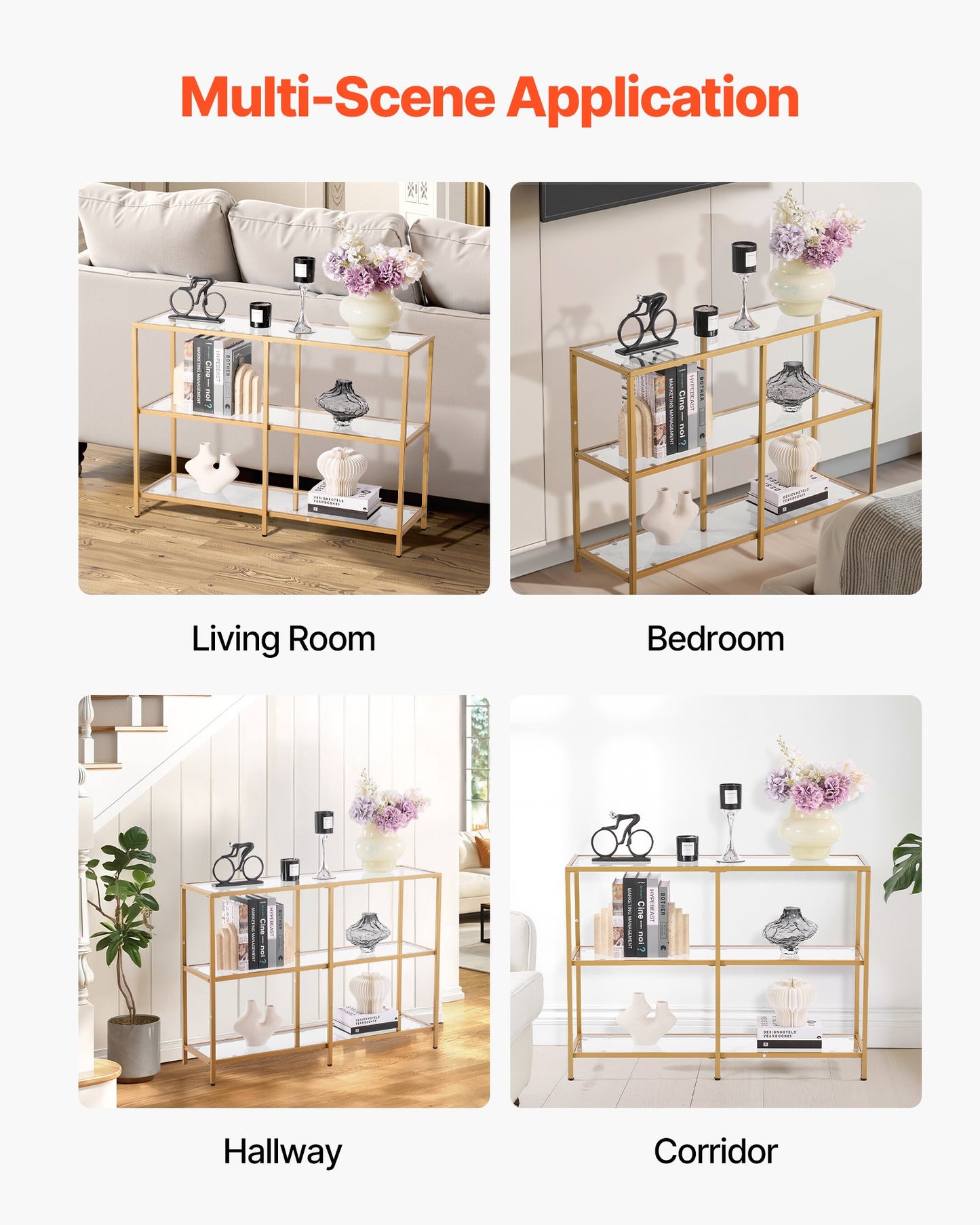 Konsolbord i glas med 3 våningar, modernt rektangulärt sidobord i härdat glas och järnben, gyllene Consloe-skrivbord med tippskydd för vardagsrum, hall, entré, foajé, gyllene