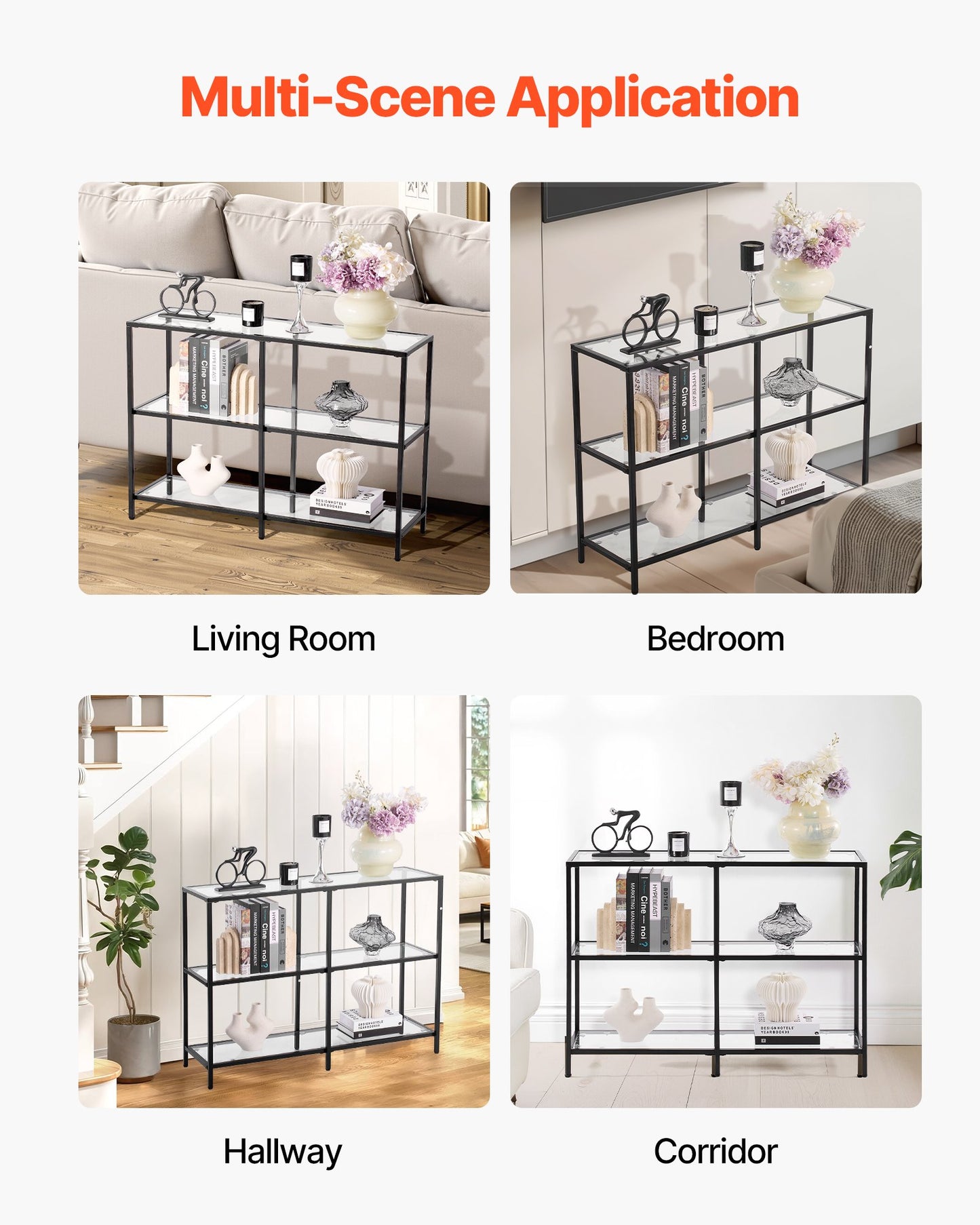 Konsolbord i glas med 3 våningar, modernt rektangulärt sidobord i härdat glas och järnben, gyllene Consloe-skrivbord med tippskydd för vardagsrum, hall, entré, foajé, svart