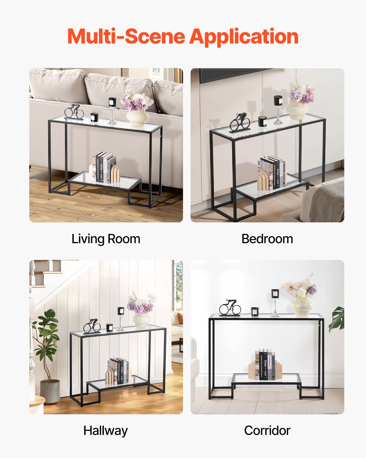 Konsolbord i glas med 2 våningar, modernt rektangulärt sidobord i härdat glas och järnben, gyllene Consloe-skrivbord med tippsäkert skydd för vardagsrum, hall, entré, foajé, svart