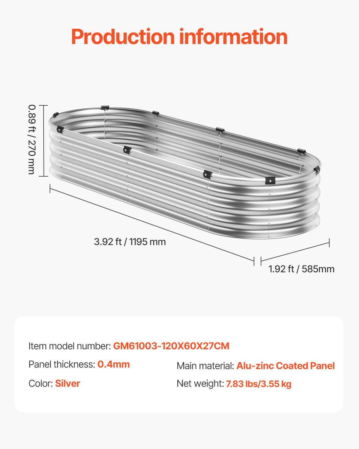 Upphöjd trädgårdsbädd i metall, 11 x 6 x 30 cm galvaniserad planteringslåda för utomhusbruk, med öppen botten, stor oval planteringsbädd för trädgårdsskötsel av grönsaker, blommor, örter och suckulenter, silver