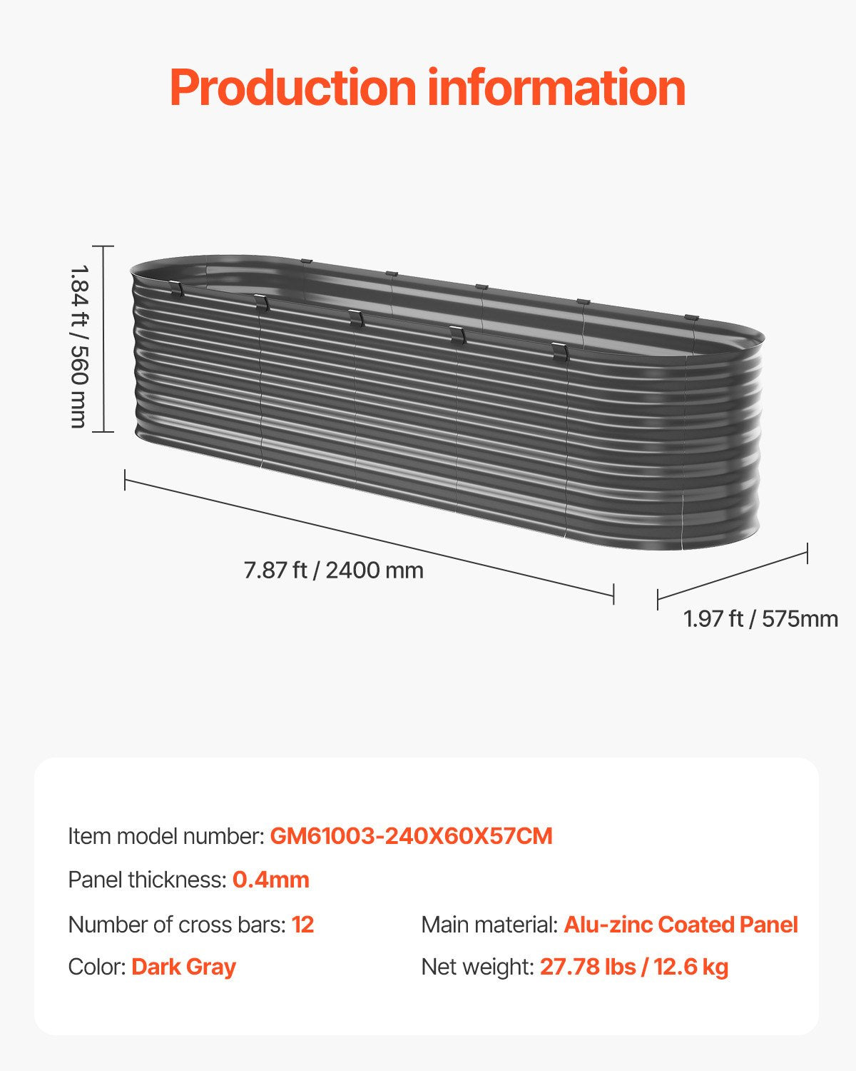 Upphöjd trädgårdsbädd i metall, 2,4 x 6 x 6 m för utomhusbruk, galvaniserad planteringslåda med öppen botten, stor oval planteringsbädd för trädgårdsskötsel av grönsaker, blommor, örter och suckulenter, mörkgrå