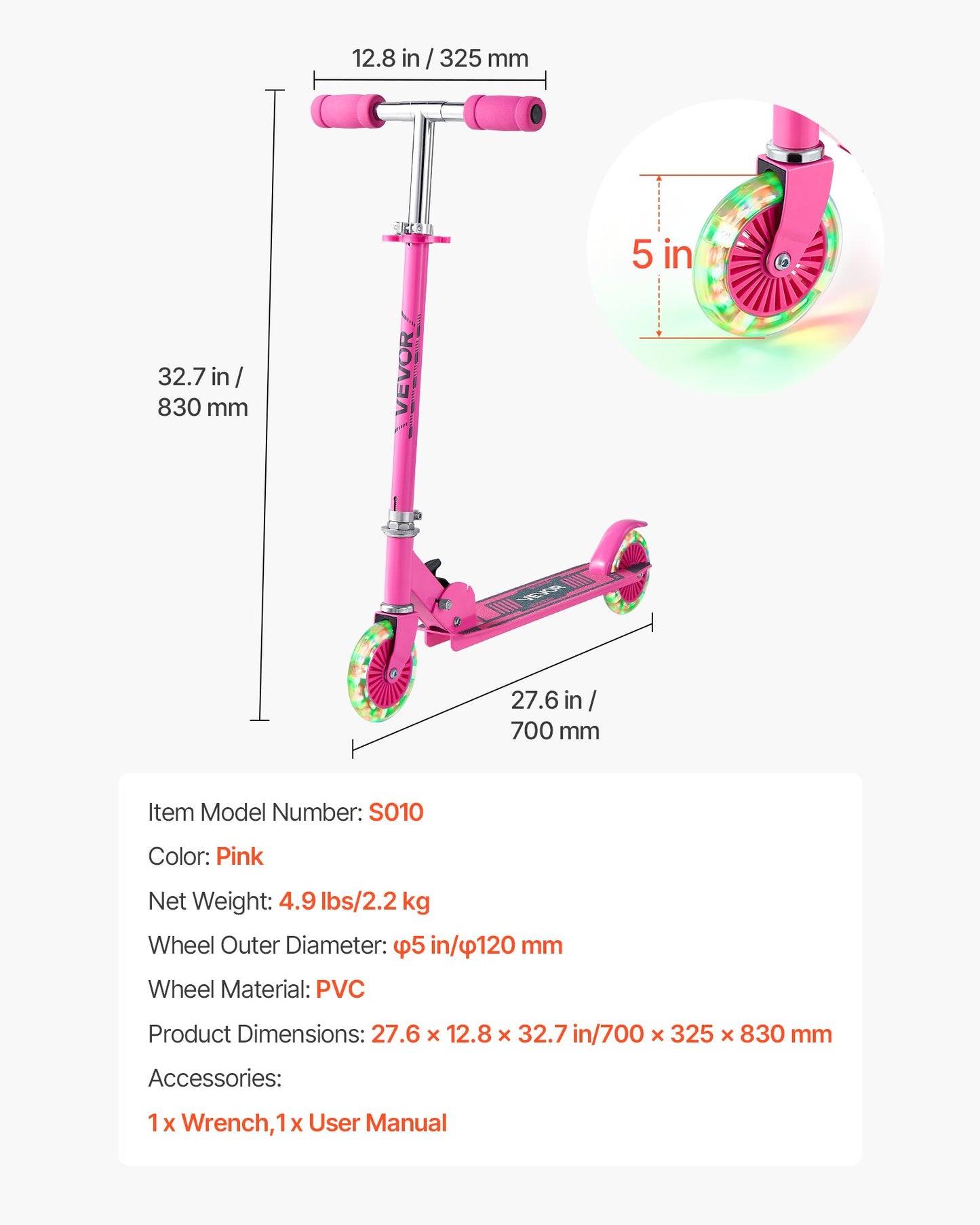Sparkcykel för barn från 3 år, 2-hjulig sparkcykel med upplysta hjul, justerbart styre, brett halkfritt däck, hopfällbar lättviktsram för pojkar och flickor upp till 49,9 kg, rosa