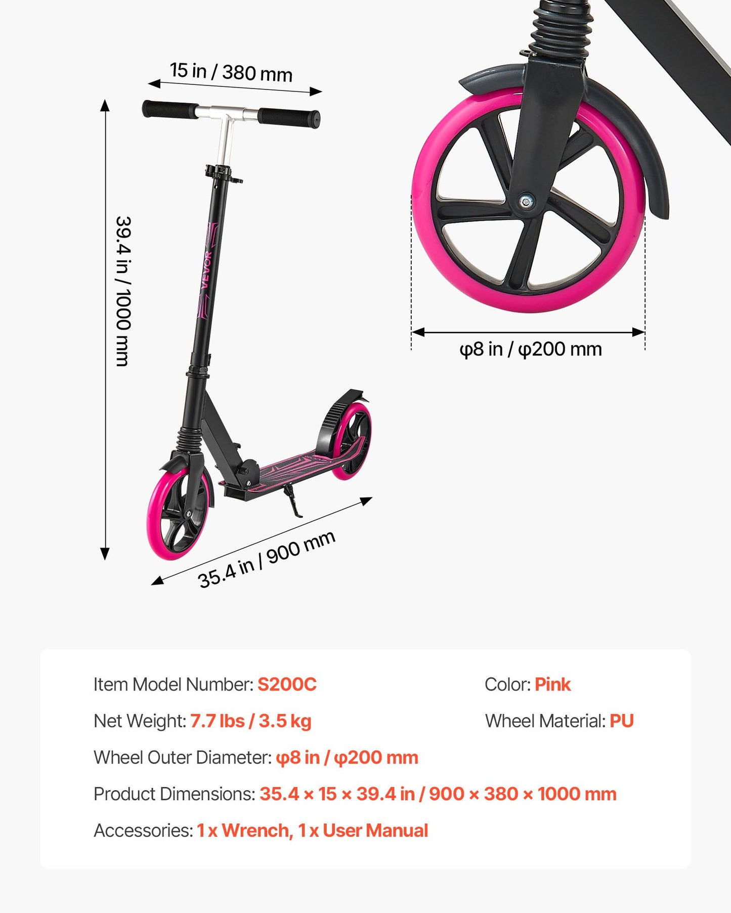 Sparkcykel för barn från 8 år, tonåringar och vuxna, 2-hjulig sparkcykel för småbarn med justerbart styre, brett halkfritt däck, hopfällbar lättviktsram för pojkar och flickor upp till 99,8 kg, rosa