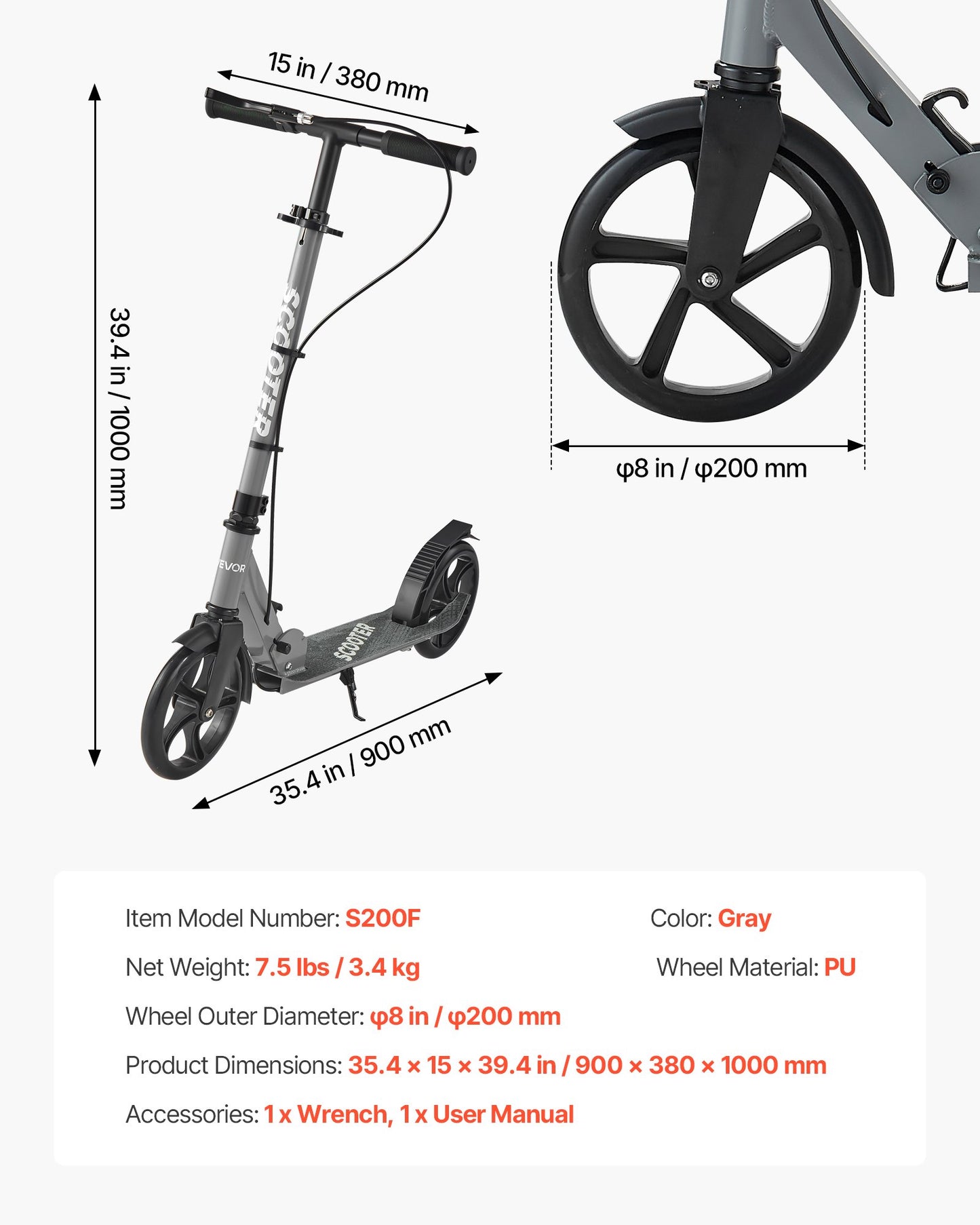 Kick Scooter for Kids Ages 8+, Teens & Adults, 2-Wheel Toddler Scooter with Adjustable Height Handlebar, Wide Anti-Slip Deck, Foldable Lightweight Frame for Boys and Girls up to 99.8 kg, Gray