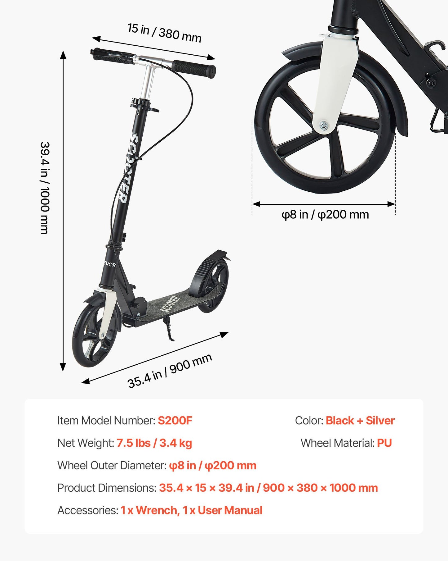 Sparkcykel för barn från 8 år, tonåringar och vuxna, 2-hjulig sparkcykel för småbarn med justerbart styre, brett halkfritt däck, hopfällbar, lättviktig för pojkar och flickor upp till 99,8 kg, svart + silver