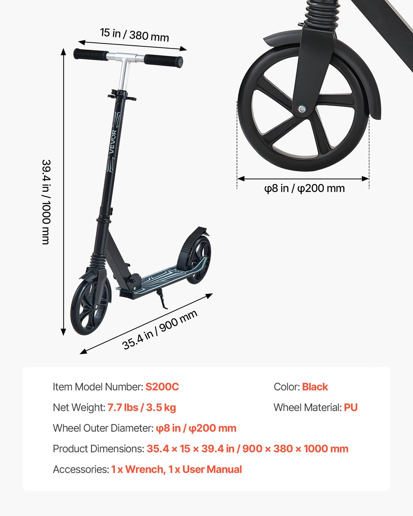 Sparkcykel för barn från 8 år, tonåringar och vuxna, 2-hjulig sparkcykel för småbarn med justerbart styre, brett halkfritt däck, hopfällbar lättviktsram för pojkar och flickor upp till 99,8 kg, svart