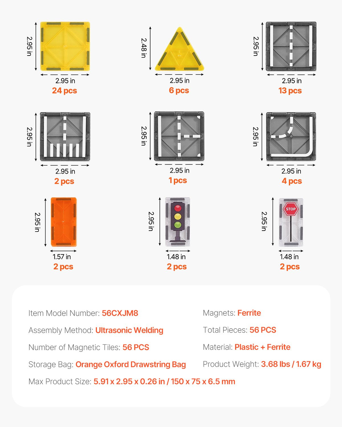 Magnetiska plattor, 56 delar magnetiska vägbyggklossar för barn, magnetbyggset med förvaringspåse, STEM sensoriska pedagogiska stadskonstruktionsleksaker stapelbara presenter för småbarn pojkar flickor från 3 år