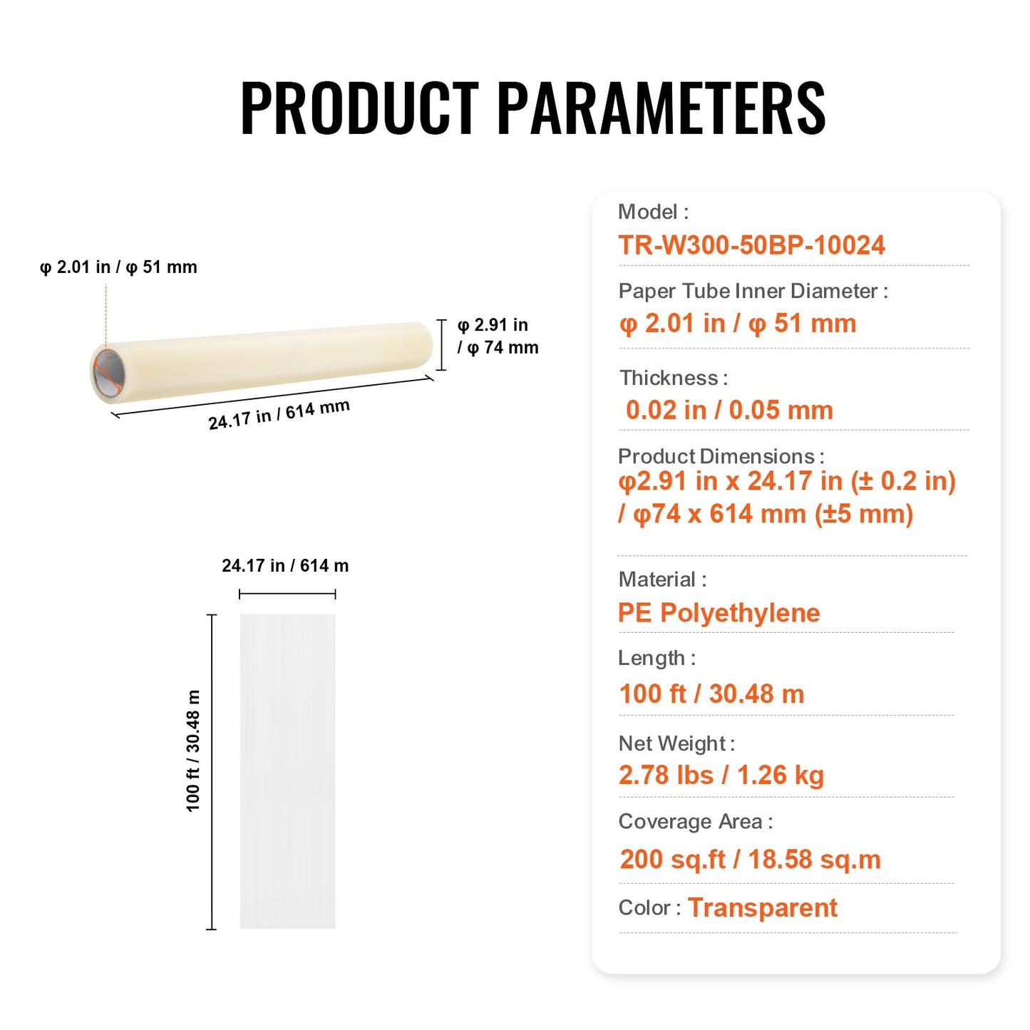 Skyddsfilm för mattor, 24" x 100' golv- och ytskydd med självhäftande baksida och enkel installation, polyeten självhäftande skyddsfilm för bilmattor i rulle för byggnation och renovering