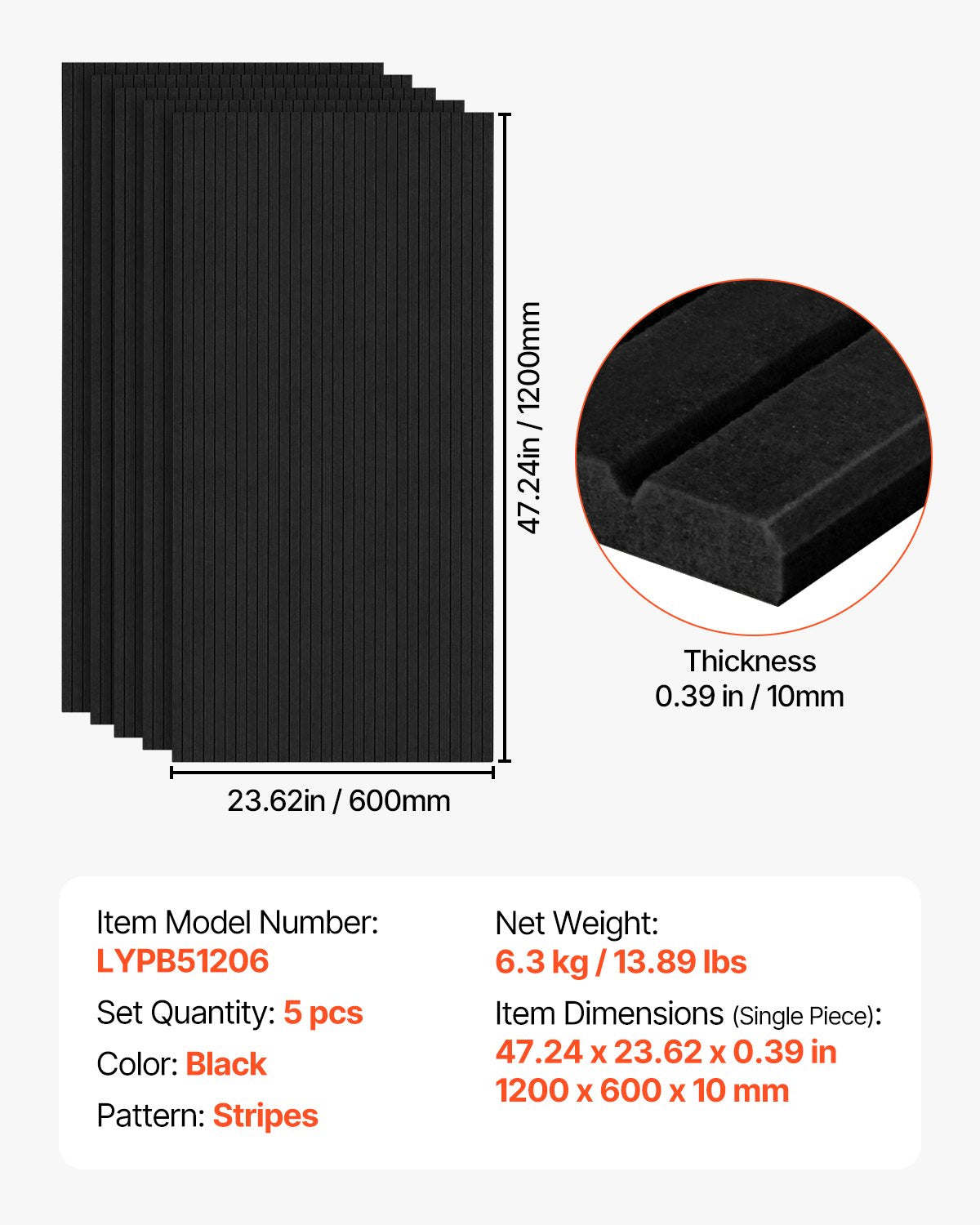 5-pack akustiska paneler med självhäftande material, 47,2 x 23,6 x 0,4 tum ljudisolerande skumpaneler, ljudisolerade väggpaneler av polyesterfiber med hög densitet, för hem, studio, kontor, teater, svart