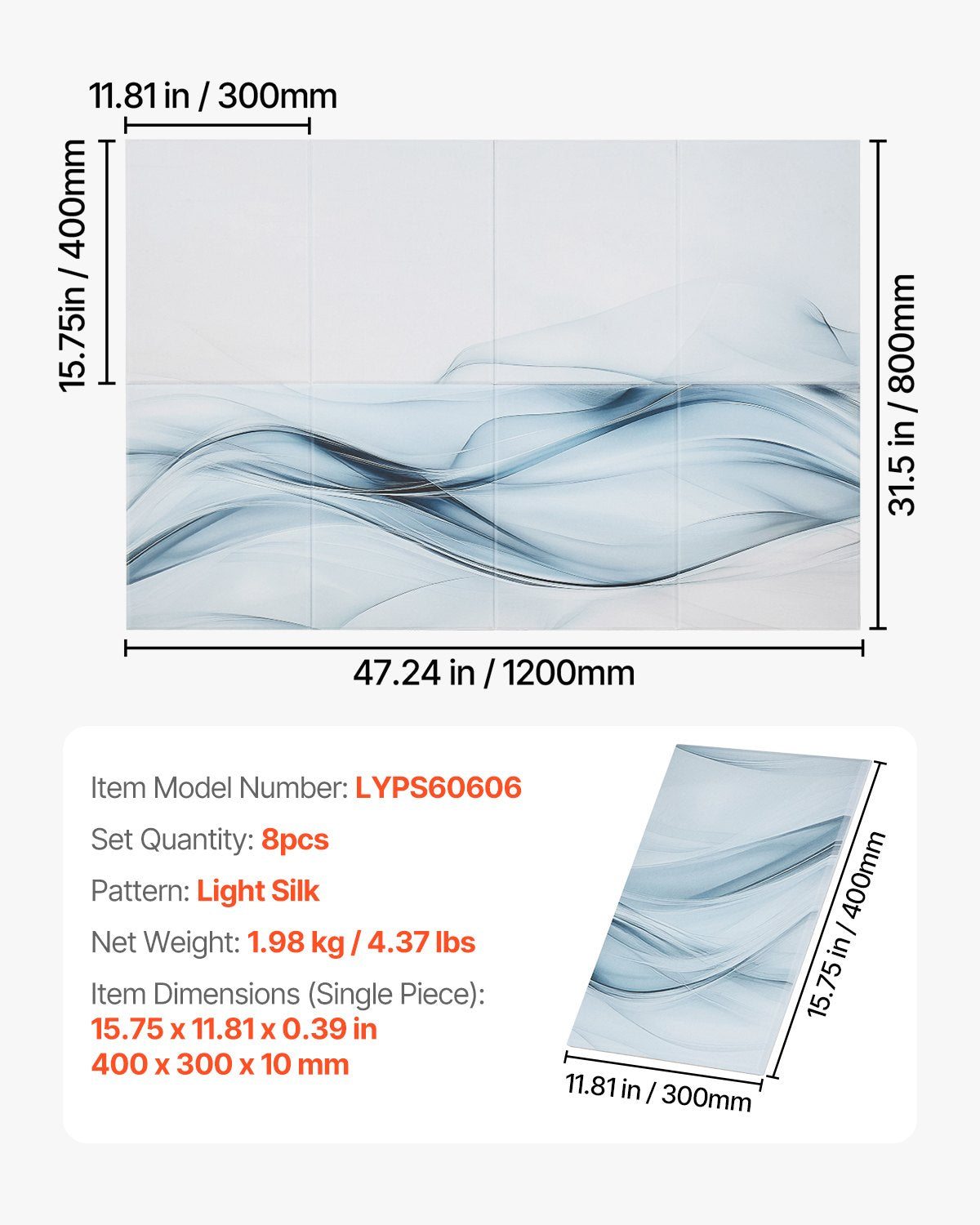 8-pack akustiska paneler, 47,24 x 23,62 x 0,4 tum ljudisolerade väggplattor, självhäftande dekorativa ljuddämpande skivor för hem, kontor, studio, spelrum, teater, Simplicity