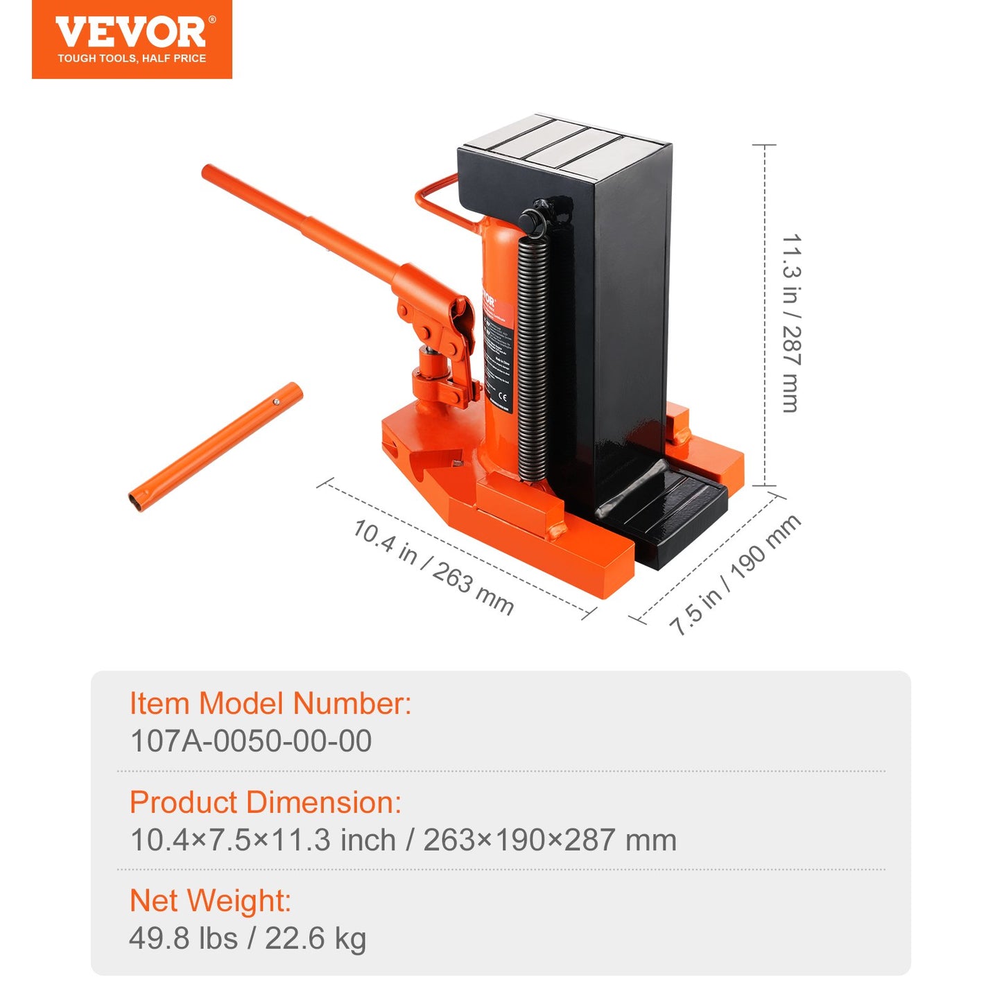 Hydraulisk domkraft, 5 ton/4536 kg, lyftkapacitet på tå, 10 ton/9072 kg, maskindomkraft, 0,8–6,8 tum/2–17,3 cm, topphöjd 11,3–17,3 tum/28,7–43,9 cm, lufthydraulisk klodomkraft för maskiner, industri