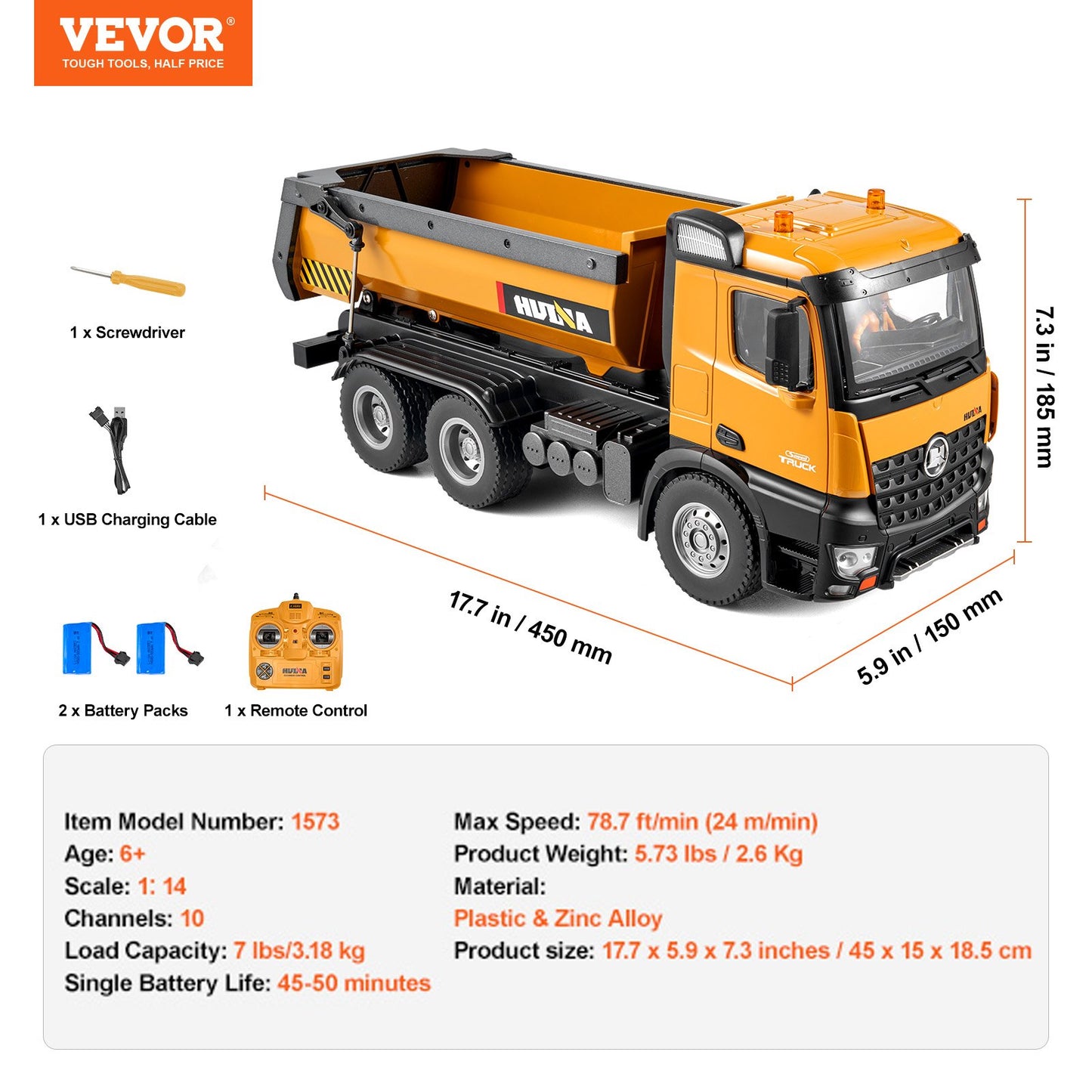 RC-dumperleksak, 10-kanals skala 1:14, fjärrstyrd dumper, RC-byggfordon med ljus och 2 laddningsbara batterier, födelsedagspresent för småbarn, pojkar och flickor från 8 år