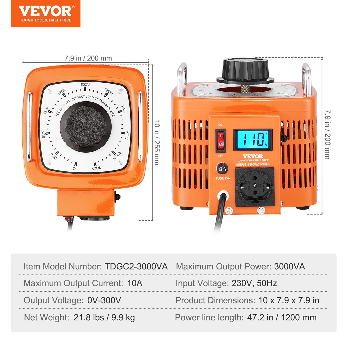 3000VA automatisk variabel spänningstransformator, 10 Amp, 230V ingång 0-300V utgång AC spänningsregulator, med LCD-display 4 extra säkringar termisk kontrollbrytare för hemmakontor, CE-certifierad