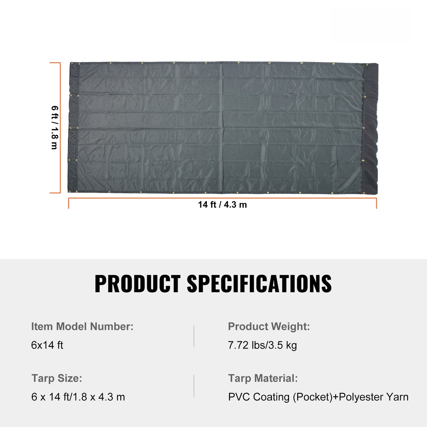Nätpresenning för dumper, 6 x 14 fot, PVC-belagt svart kraftigt överdrag med 5,5" 18oz dubbelficka, mässingsöljetter, förstärkt dubbelnålstygnsvävband passar manuella eller elektriska dumpersystem