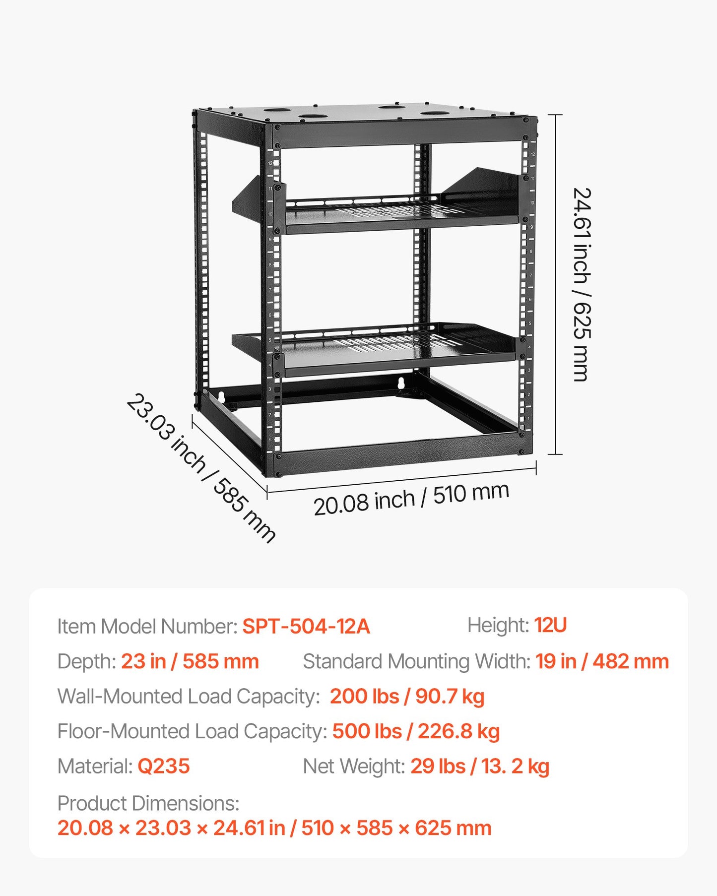 12U nätverksrack med öppet ramverk, 585 mm djup, väggmonterat eller golvstående serverrack, kraftigt 4-pelare, med ventilerade hyllor och monteringsdetaljer, rymmer all din nätverks-IT-utrustning och AV-utrustning