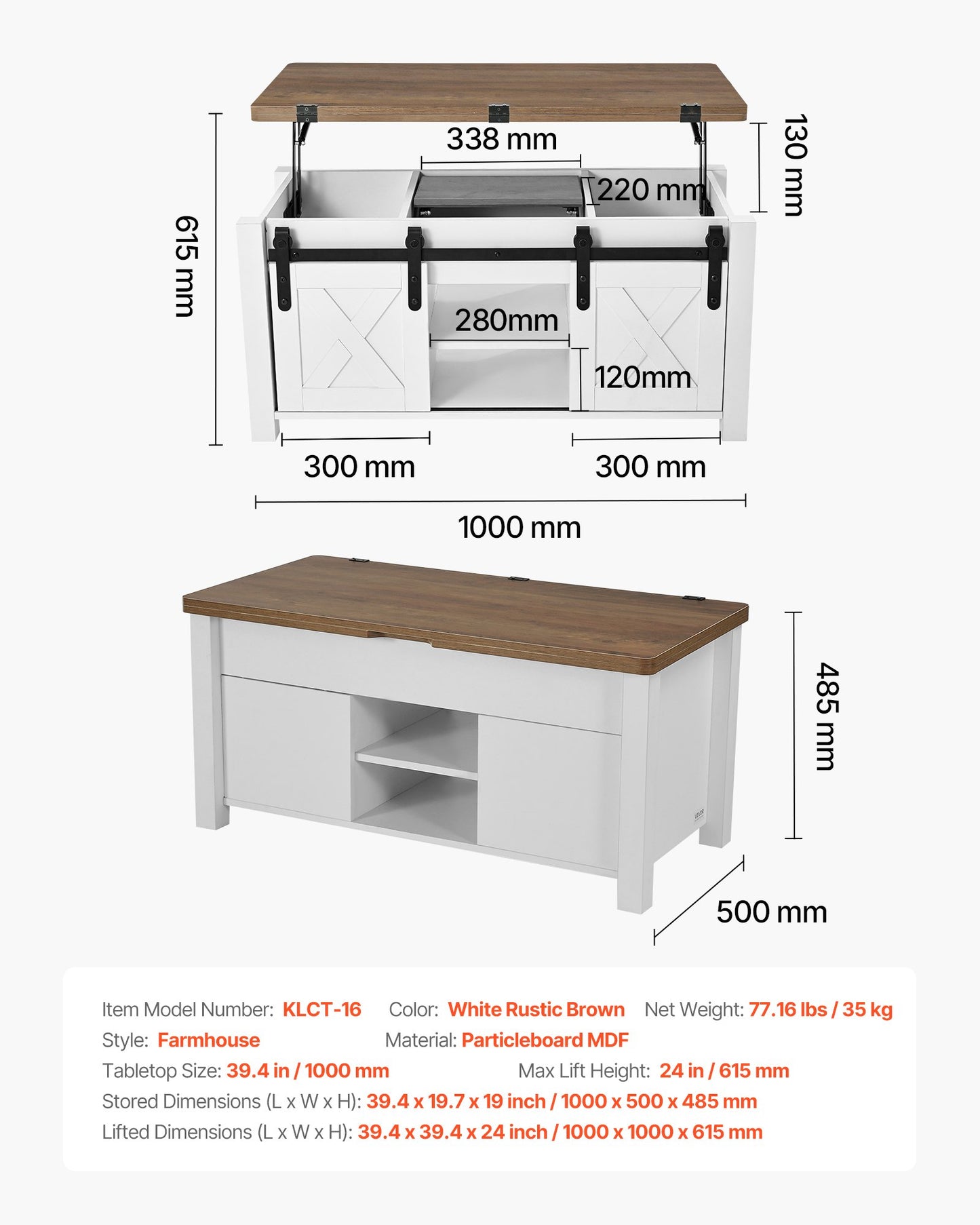 1000 mm lyftbart soffbord i lantlig stil, rustikt mittbord med ladugårdsdörr och dolt förvaringsfack, modern rektangulär lyftbar bordsskiva för vardagsrum, kontor, hem, enkel montering, brun