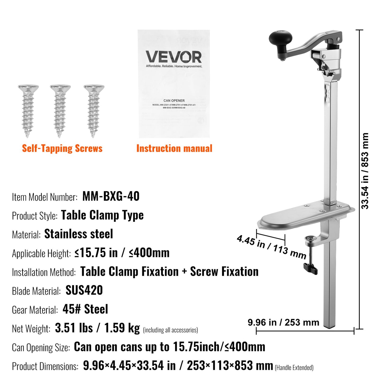Kommersiell konservöppnare, kraftig manuell bordskonservöppnare för burkar upp till 400 mm höjd, höjdjusterbara konservöppnare fästa med skruvar och bordsklämma, för restaurang, hotell och livsmedelsbutik