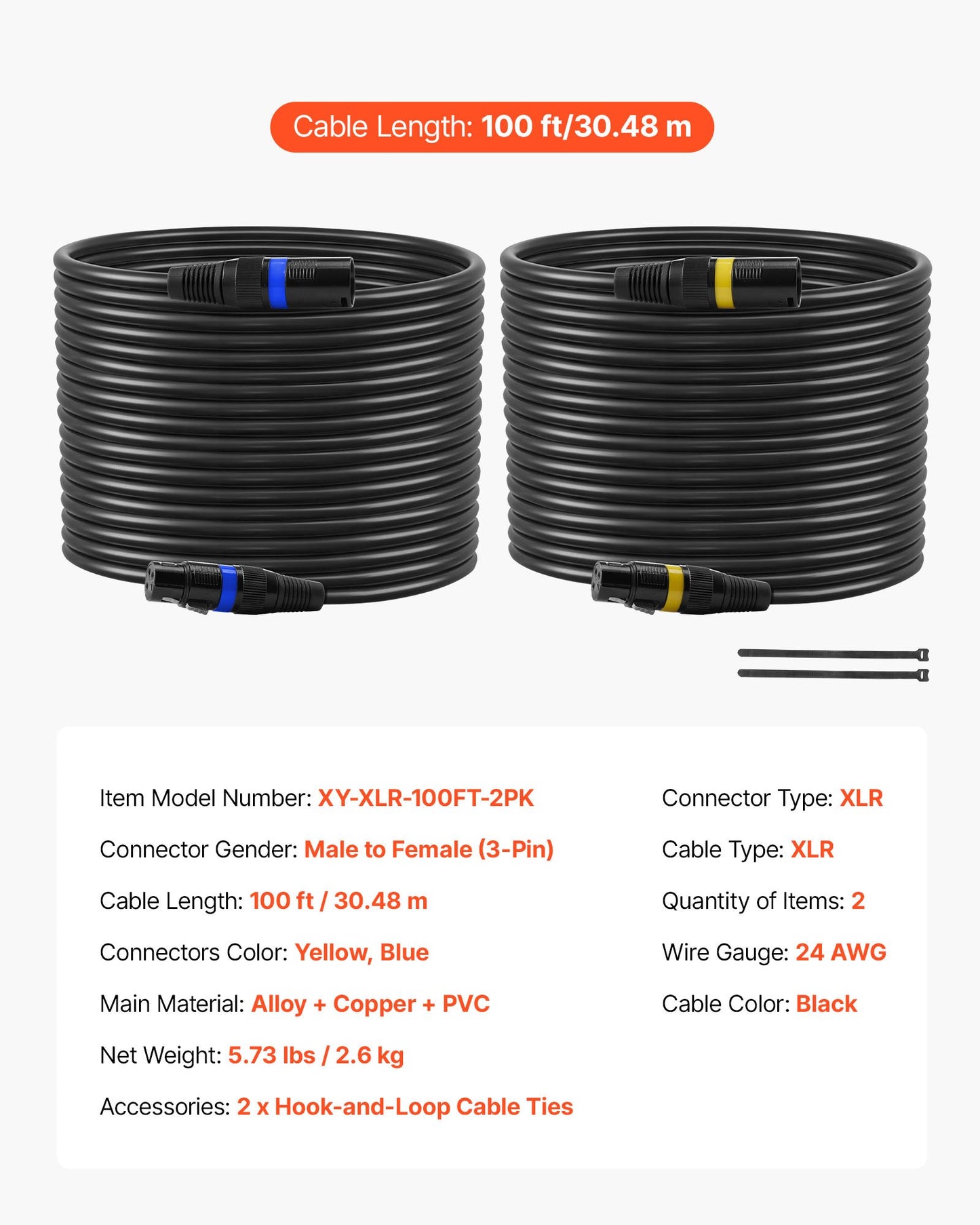 XLR-kabel 30,48 m, 2-pack, skärmade balanserade DMX-hane-till-hona-mikrofonkablar, guldpläterad 3-polig XLR-mikrofonhögtalarkabel, för scenbelysning, mikrofoner, förstärkare, mixer, högtalarsystem