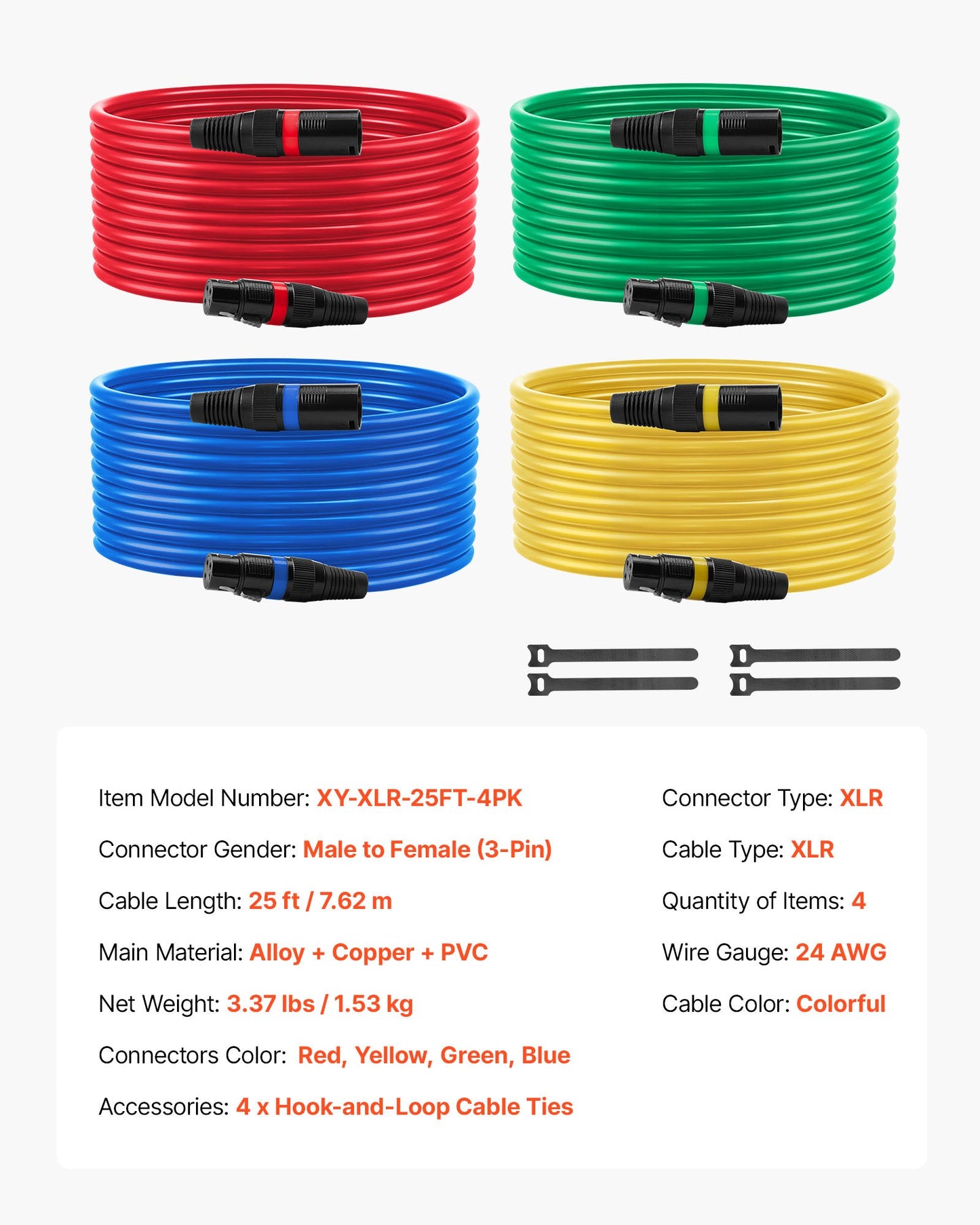 XLR-kabel 7,62 m, 4-pack, skärmade balanserade DMX-hane-till-hona-mikrofonkablar, guldpläterade 3-poliga XLR-mikrofonhögtalarkablar, för scenbelysning, mikrofoner, förstärkare, mixer, högtalarsystem