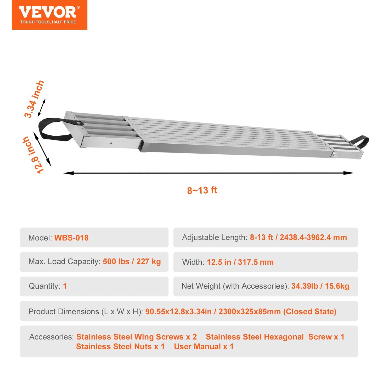 Teleskopisk arbetsplanka i aluminium, 8–13 fot/2,4–4 m, 500 lb/226,8 kg kapacitet, ställningsplanka