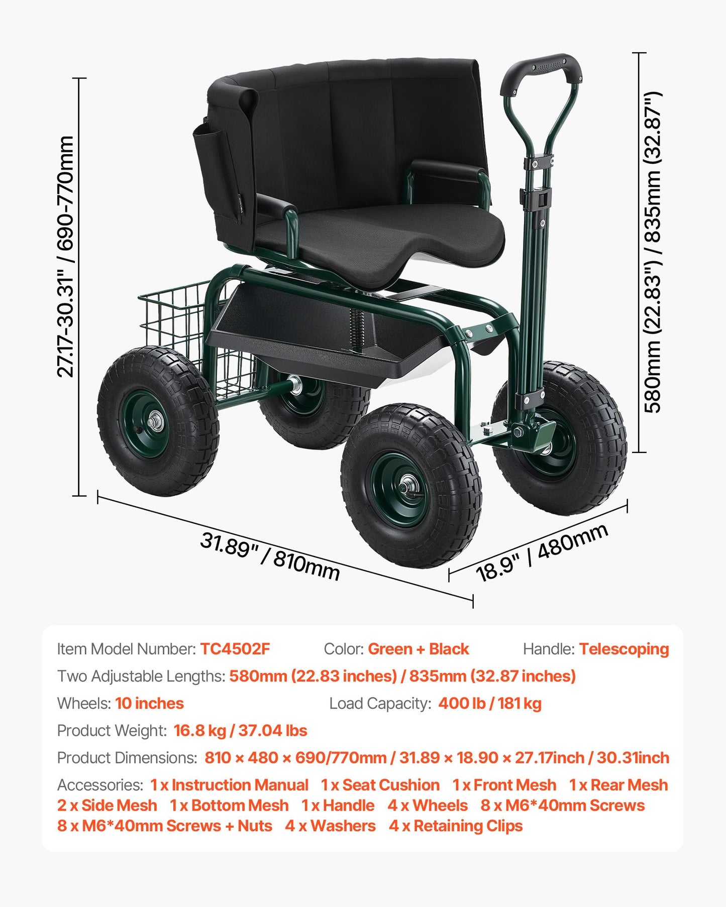 Garden Seat with Wheels, Rolling Garden Stool with Height Adjustable & 360° Swivel Seat, 181 kg Weight Capacity, Gardening Cart Bench, Ergonomic Backrest & Tool Storage, for Garden, Yard, Patio