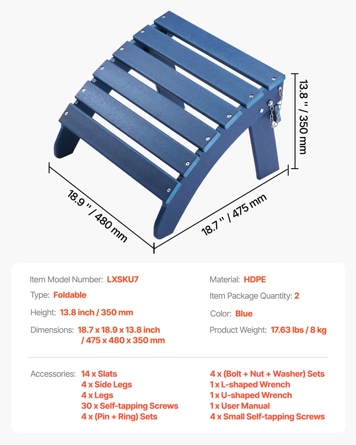Adirondack fotpall, set om 2, 46,8 cm, hopfällbar Adirondack-fotpall i HDPE-plast, väderbeständig fotstöd för Adirondack-stol, används för utomhusveranda, pool, gräsmatta, bakgård, blå