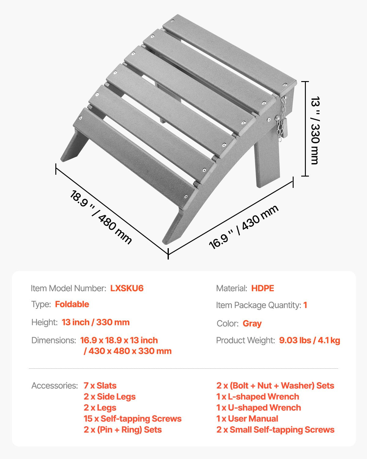 Adirondack fotpall, 40 L x 43 B x 33 H tum hopfällbar Adirondack fotpall i HDPE-plast, väderbeständig fotstöd för Adirondack-stol, används ofta för utomhusveranda, pool, gräsmatta, bakgård, grå