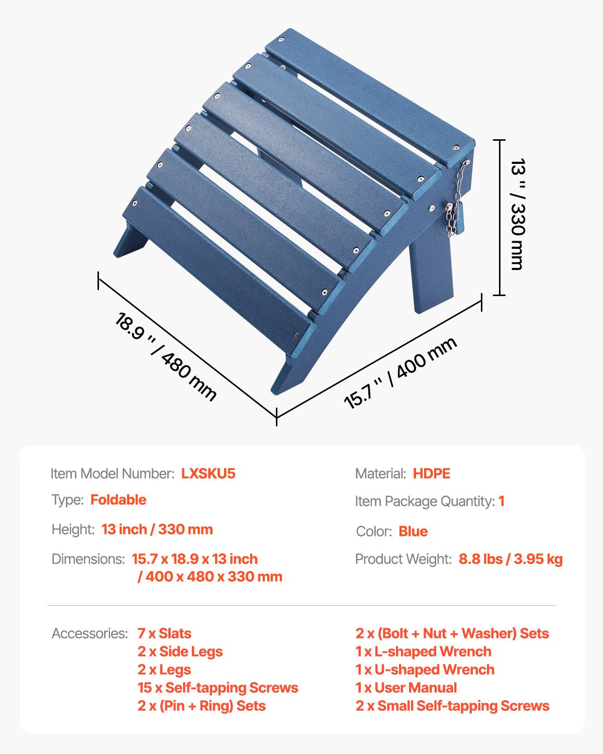 Adirondack fotpall, 15,7L x 18,9B x 13H tum hopfällbar Adirondack fotpall i HDPE-plast, väderbeständig fotstöd för Adirondack-stol, används ofta för utomhusveranda, pool, gräsmatta, bakgård, blå