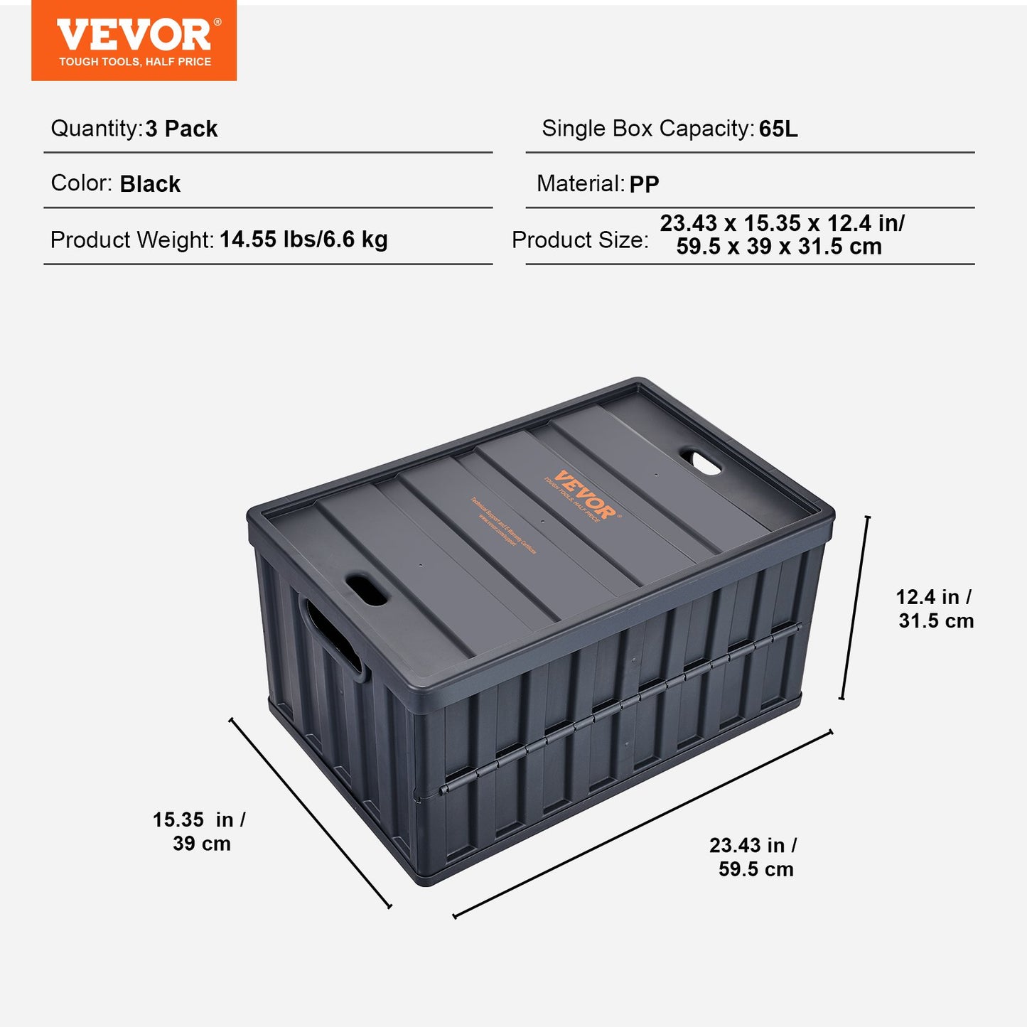 Hopfällbara förvaringsbehållare med lock, 65 liter, 3-pack, hopfällbara plastlådor med stapelbara verktygslådor och handtag, stora, kraftiga behållare för kläder, leksaker, böcker, snacks, skor och matvaruorganisering