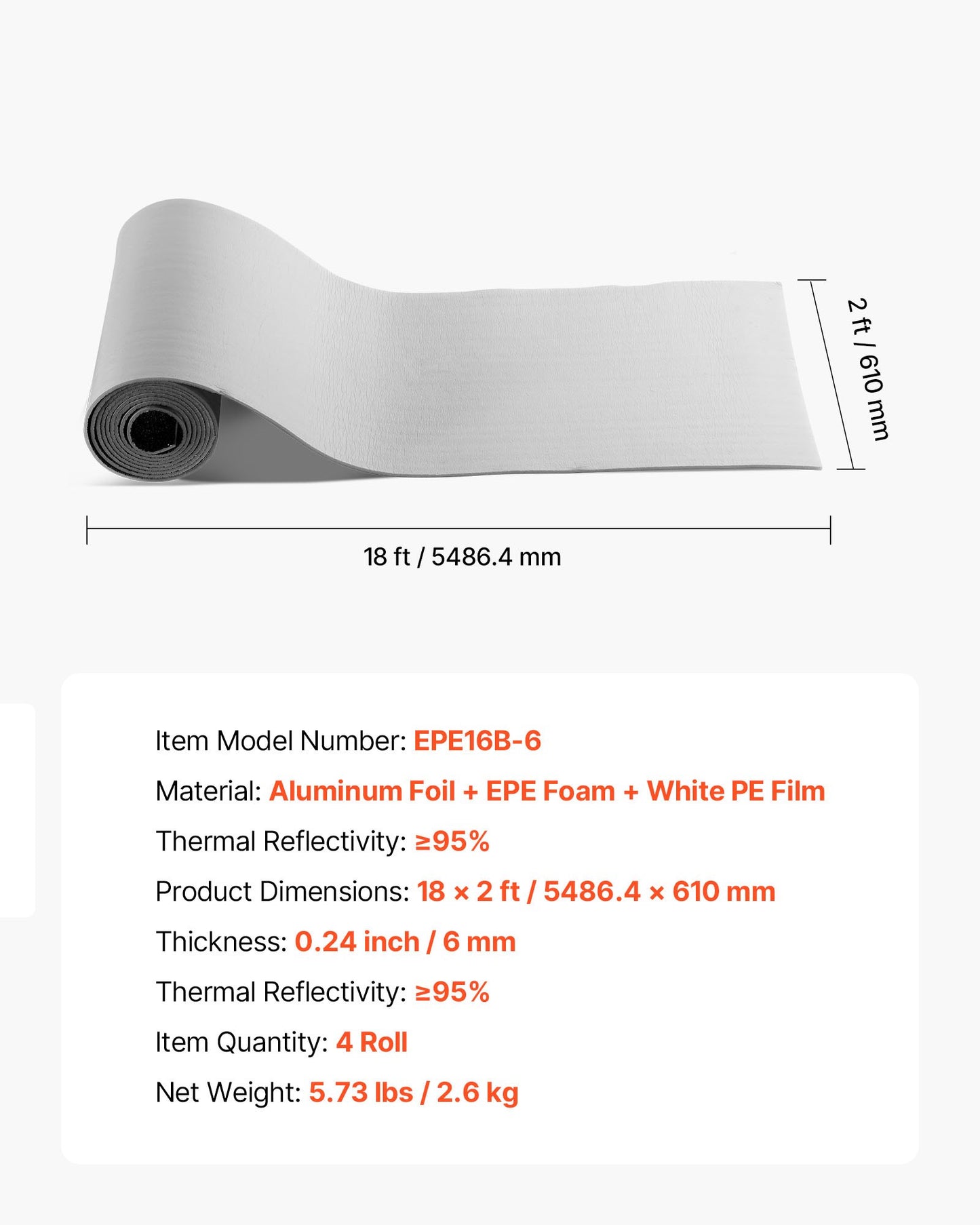 Reflekterande isoleringsrulle, värmeisoleringskit för garageportar för 2 bilar, 6 mm 5,49 m x 0,61 m, 4 rullar aluminiumfolie EPE-skumkärna strålningsbarriär, vit PE-film värmesköld för garageportar