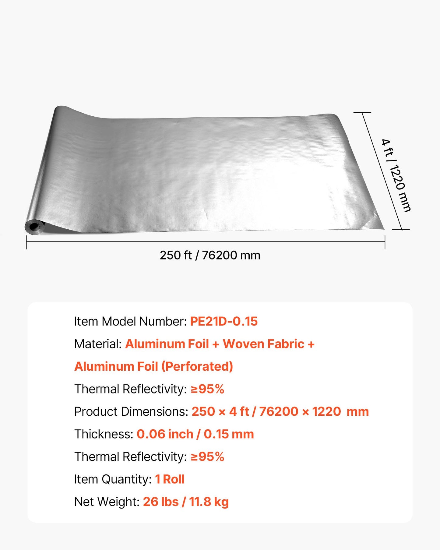 Dubbelreflekterande isoleringsrulle, perforerad vävd strålningsbarriär, 0,15 mm 76,2 m x 1,22 m, dubbelsidig aluminiumfolie värmereflekterande sköld, värmeisoleringsrulle för fönster husbilstak