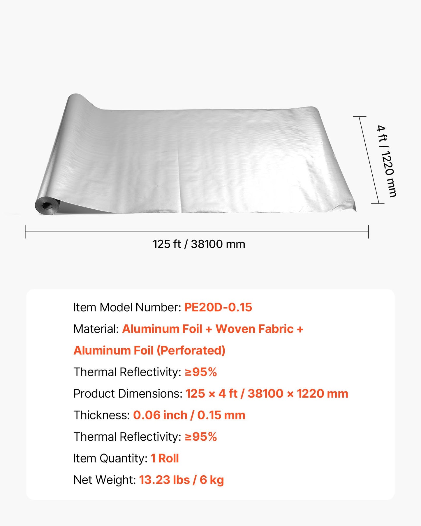 Dubbelreflekterande isoleringsrulle, perforerad vävd strålningsbarriär, 0,15 mm 38,1 m x 1,22 m, dubbelsidig aluminiumfolie värmereflekterande sköld, värmeisoleringsrulle för fönster husbilstak