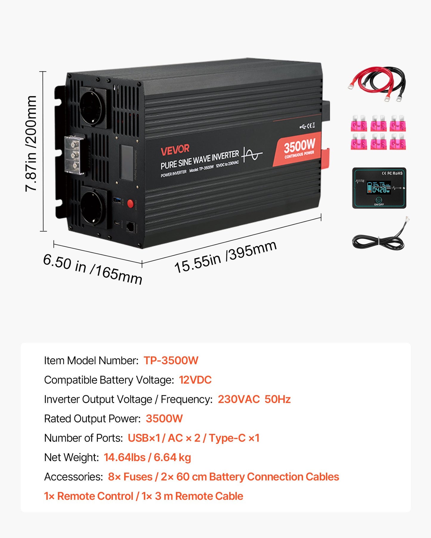 3500W växelriktare, 12V DC till 230V AC ren sinusvågsväxelriktare, solcellsladdare för bil med LCD-skärm, fjärrkontroll, USB-port, 2 AC-uttag, typ-C-port, för husbil, lastbil, utomhuscamping