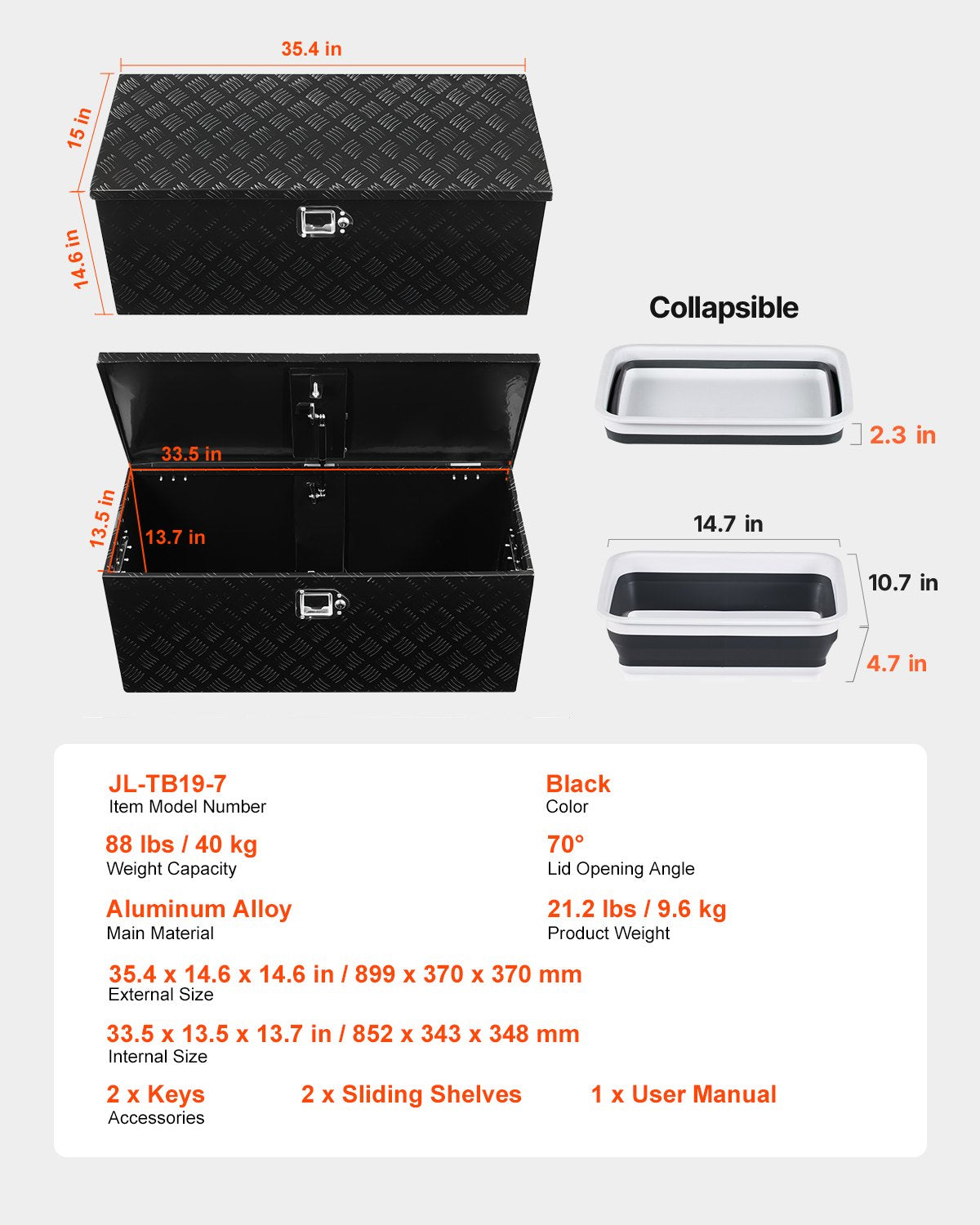 Kraftig verktygslåda i aluminium för lastbilsflak, randigt pläterad verktygslåda med glidande hyllplan, sidohandtag, lås och nycklar, förvaringslåda för släpvagn, pickup, 35,4"x14,6"x14,6"(899x370x370mm), svart