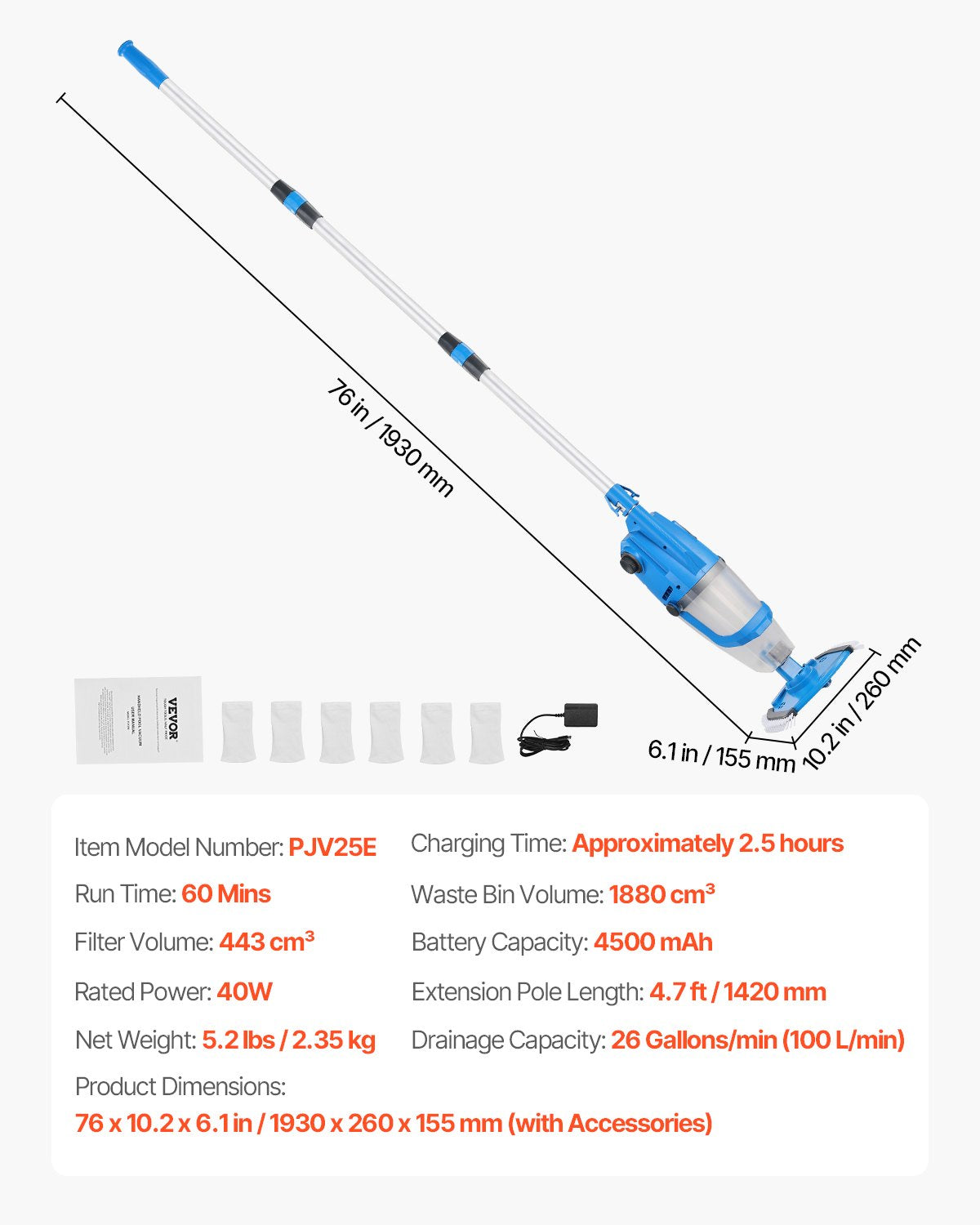 Pooldammsugare, 26 GPM handhållen sladdlös bubbelbadsdammsugare med förlängningsstång, för djuprengöring och stark sugkraft, laddningsbar poolrengörare, drifttid upp till 1 timme, för ovanmarks-/nedmarkspooler