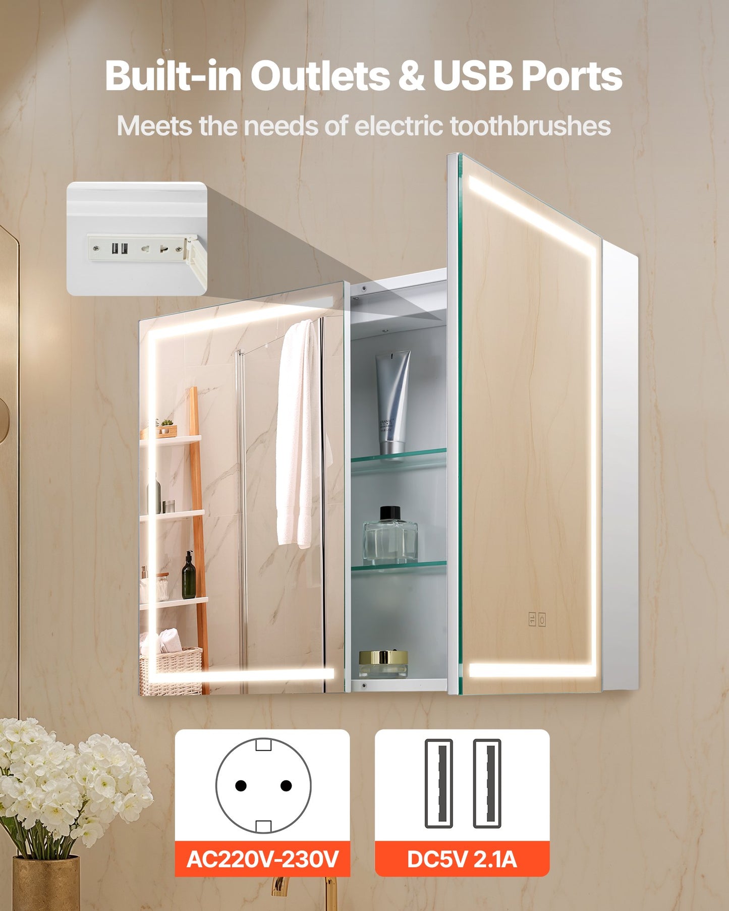 Lighted Medicine Cabinet with Mirror, 60 x 80 cm Wall-Mounted, 3 Color Dimmable LED Bathroom Medicine Cabinet with HD Mirror, Memory Function/Adjustable Shelves Storage/ Outlets & USBs