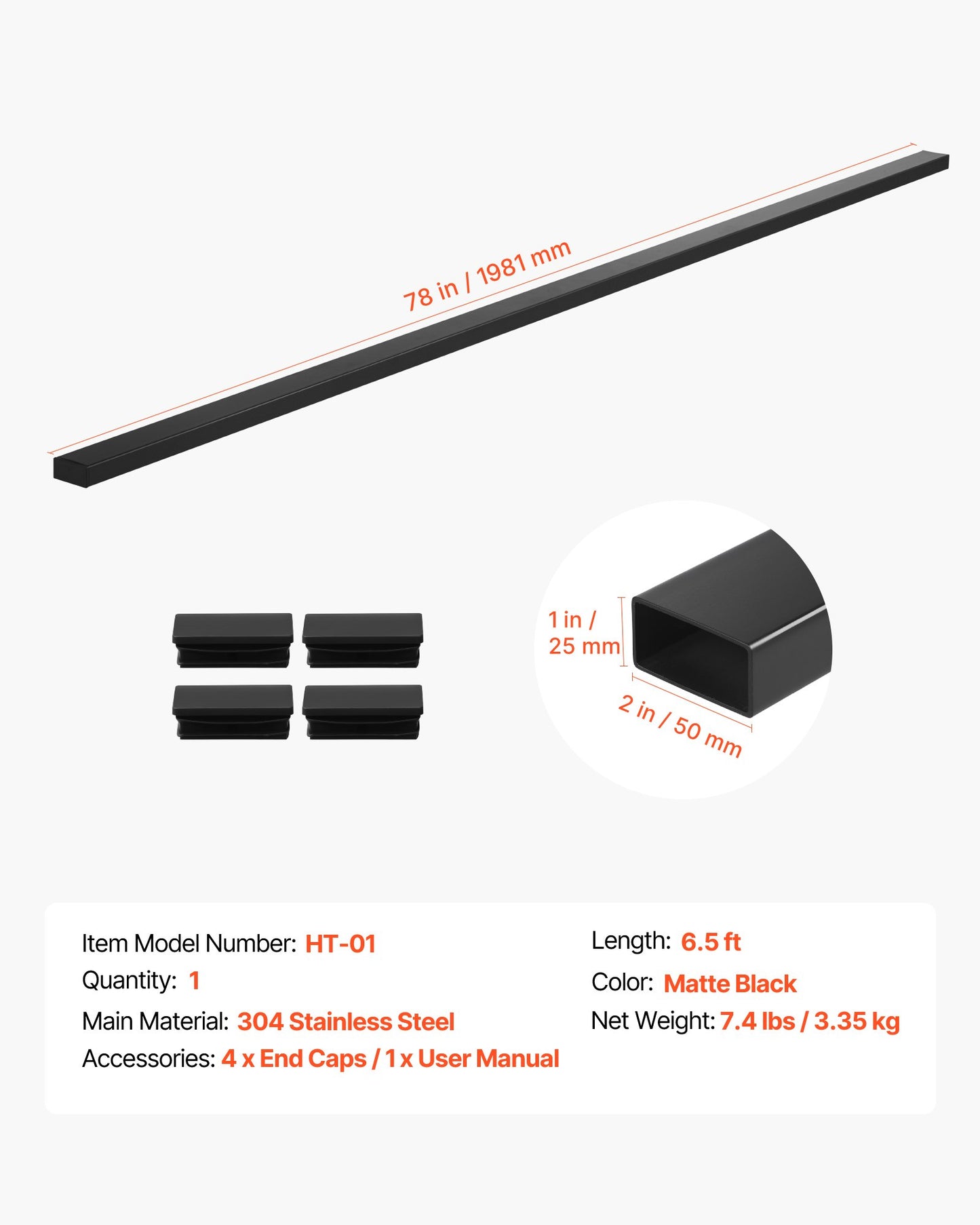198 cm ledstång i rostfritt stål, rektangulär ledstång för trappsteg utomhus/inomhus med ändkåpa, mattsvart beläggning, justerbar metallräcke för kabelräcke, kit
