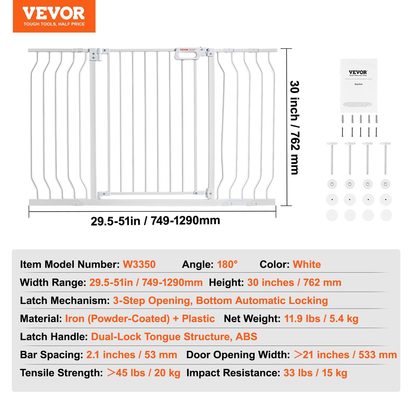 Barngrind, 74-138 cm extra bred, 76 cm hög, hundgrind för trappor, dörröppningar och hus, enkel gång genom steg, automatisk stängning, barngrind, säkerhetsgrind för husdjur med tryckmonteringssats och väggmonteringssats, vit